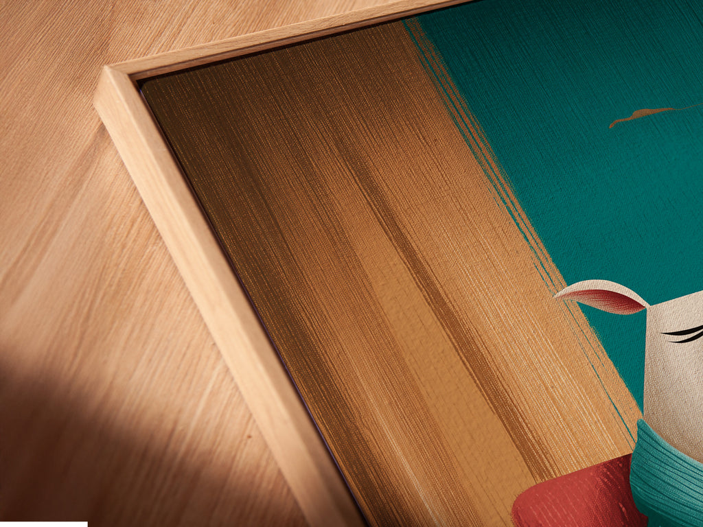 Close-up of a canvas print in a floating frame. Notice the teal pig art print. This funny animal wall art features a pig with wine. The floating frame gives it a modern feel. It is the perfect piece for kitchen wall decor. A whimsical animal artwork that stands out.