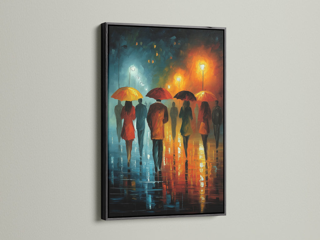A black frame surrounds this canvas print of a rainy city scene. The orange and teal tones create a modern feel. The artwork shows figures walking with umbrellas. It makes a stylish statement as living room wall art.