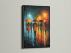 A black frame surrounds this canvas print of a rainy city scene. The orange and teal tones create a modern feel. The artwork shows figures walking with umbrellas. It makes a stylish statement as living room wall art.
