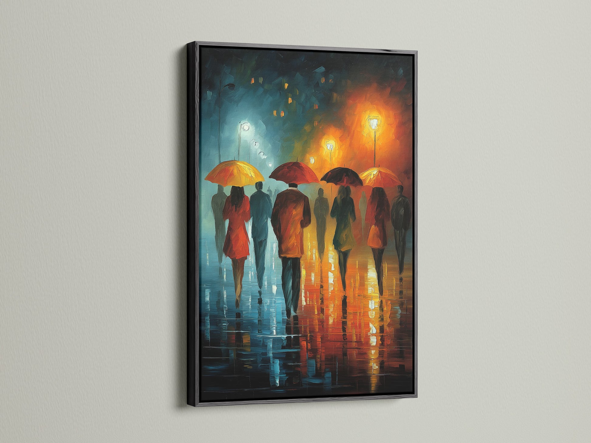 A black frame surrounds this canvas print of a rainy city scene. The orange and teal tones create a modern feel. The artwork shows figures walking with umbrellas. It makes a stylish statement as living room wall art.