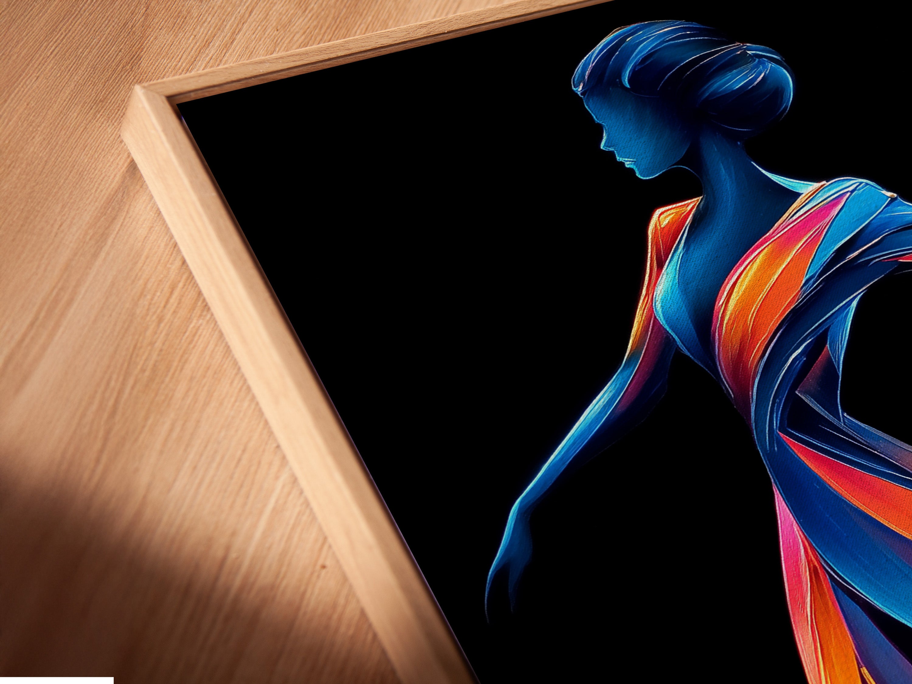 A close-up view of the Dancing Woman canvas print. It is set in a floating frame. The artwork features a colorful abstract figure. The floating frame gives a modern touch. Ideal for contemporary art lovers.