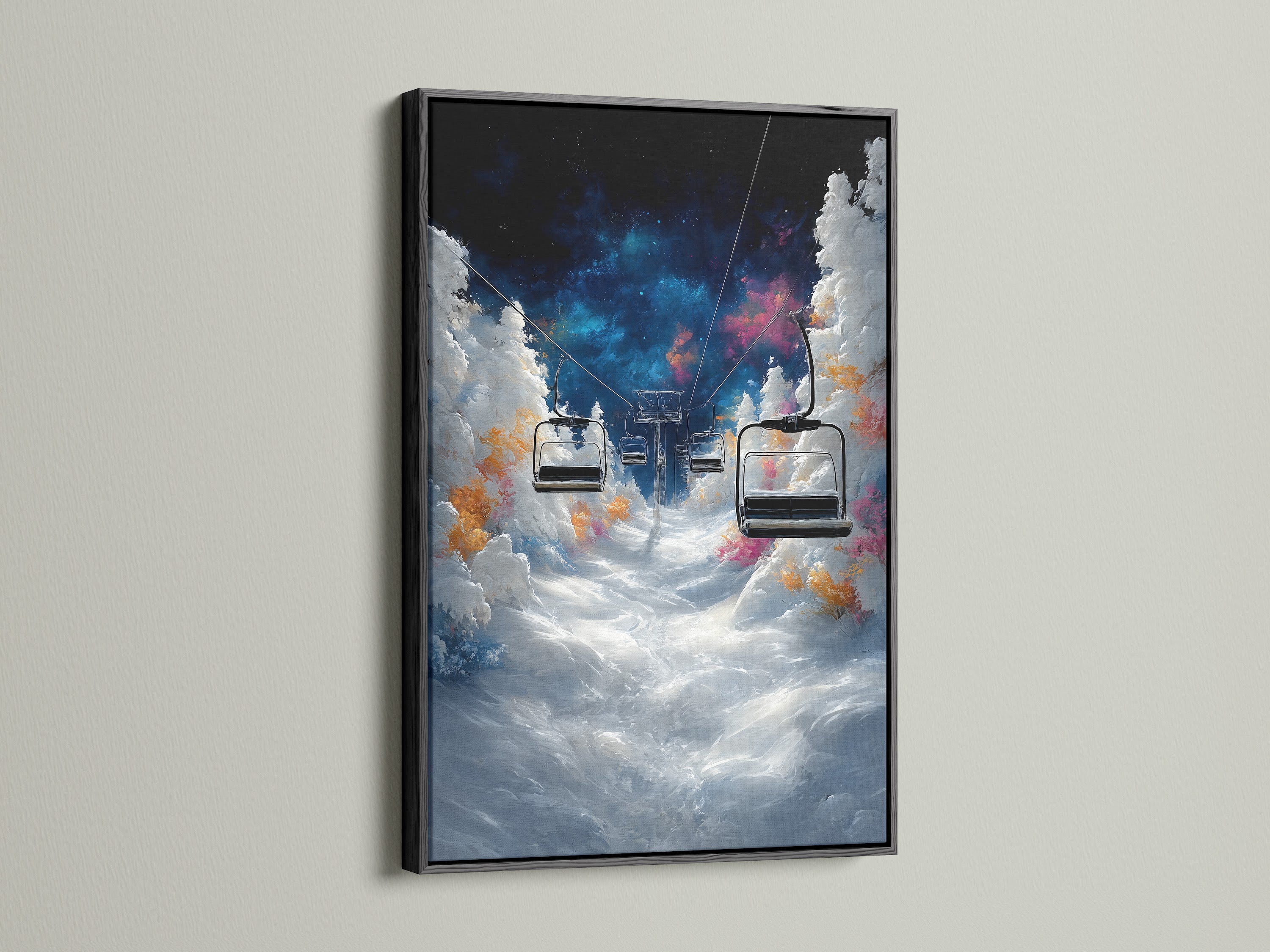Add a touch of sophistication with this ski lift art. The black frame provides a bold contrast to the winter mountain scene. Perfect for mountain resorts and stylish homes. This piece brings a touch of elegance to any space.