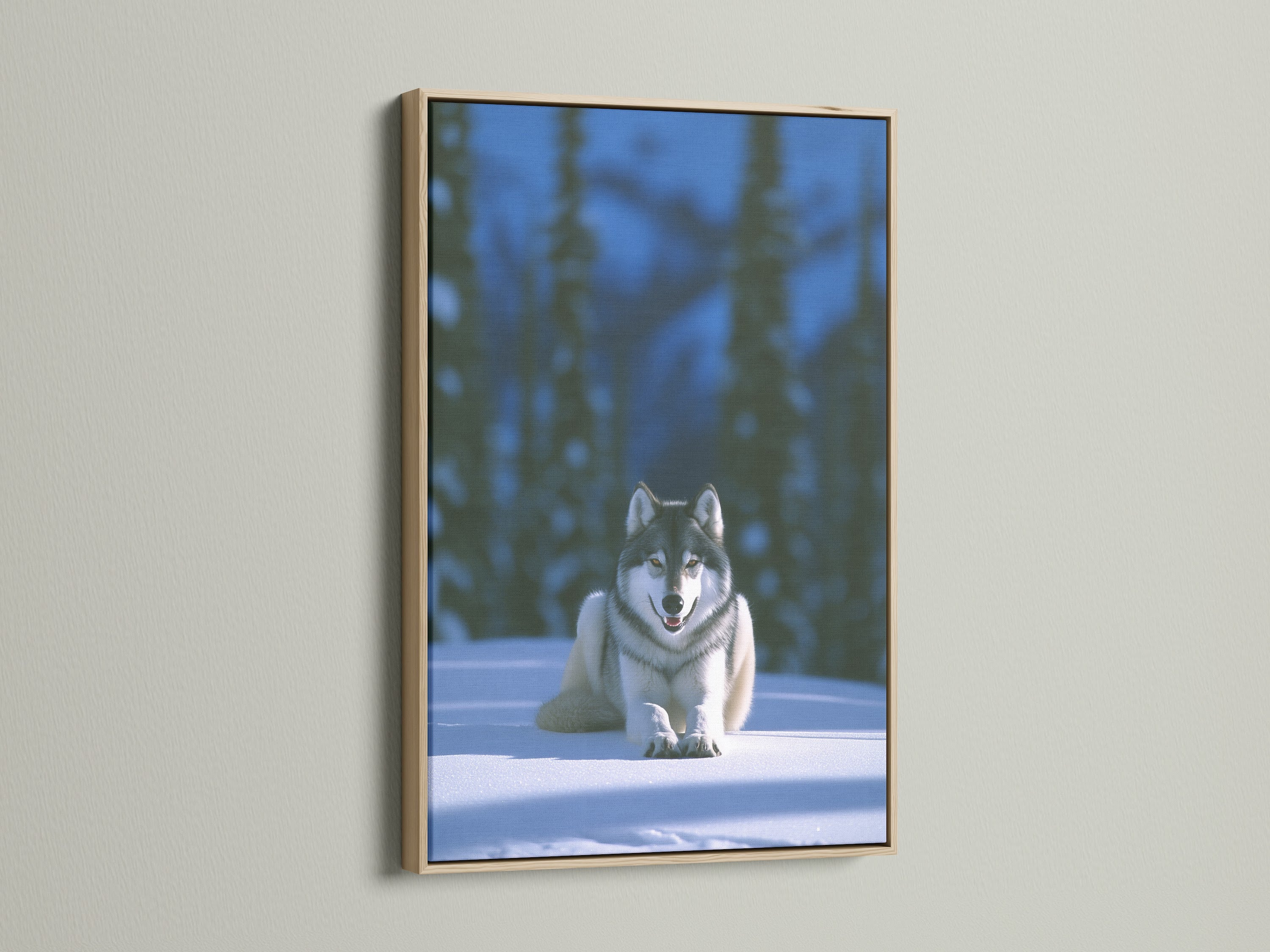 Enhance your rustic decor with this wolf art in an oak frame. The winter canvas features wildlife print animal wall art and a serene snow scene. Ideal for den art or cabin wall decor this canine artwork brings nature indoors. Explore the beauty of a wolf photography animal print in your home