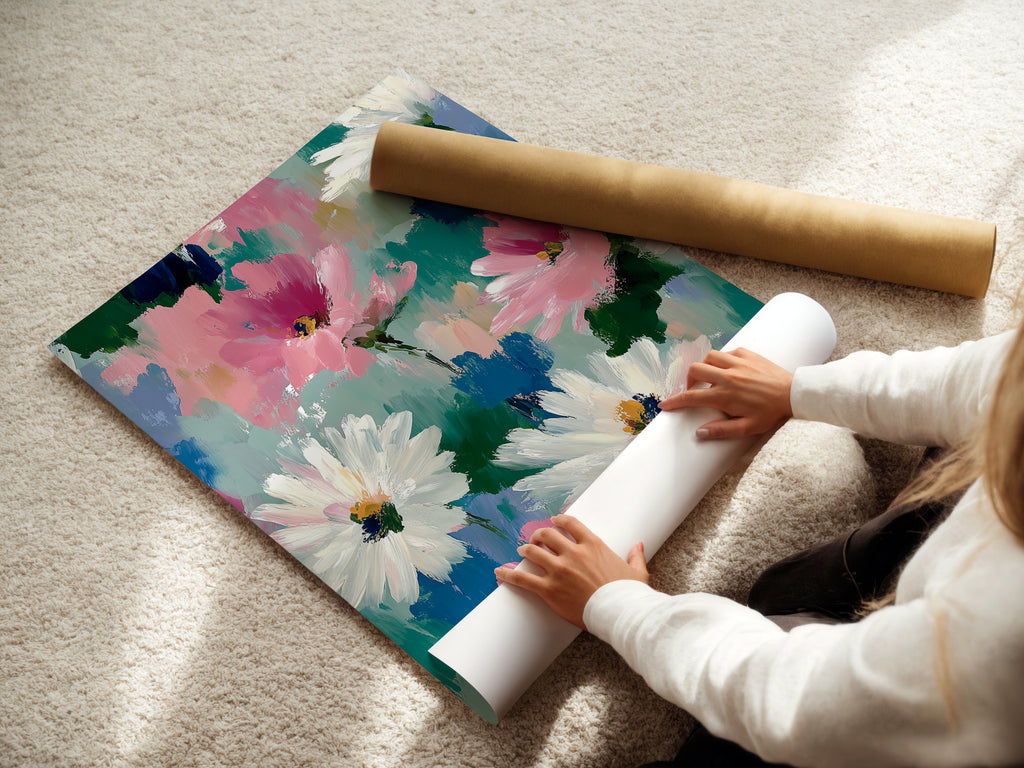 A woman is carefully rolling a fine art poster paper. Preparing it for framing or display. Our fine art poster paper ensures high-quality reproduction of abstract floral art. Perfect for showcasing the vivid colors and details of daisy wall art. This is ideal for any art lover.