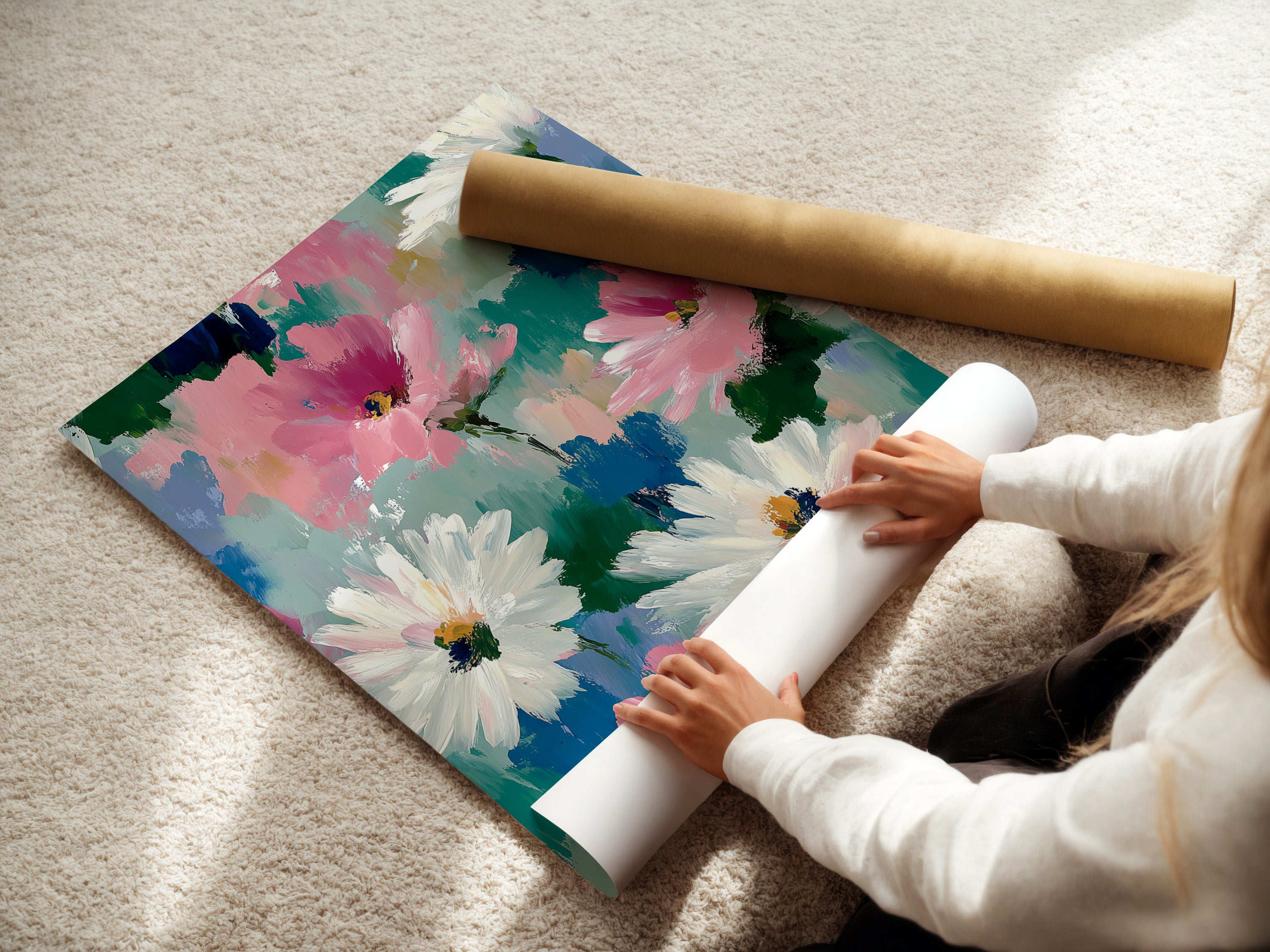 A woman is carefully rolling a fine art poster paper. Preparing it for framing or display. Our fine art poster paper ensures high-quality reproduction of abstract floral art. Perfect for showcasing the vivid colors and details of daisy wall art. This is ideal for any art lover.