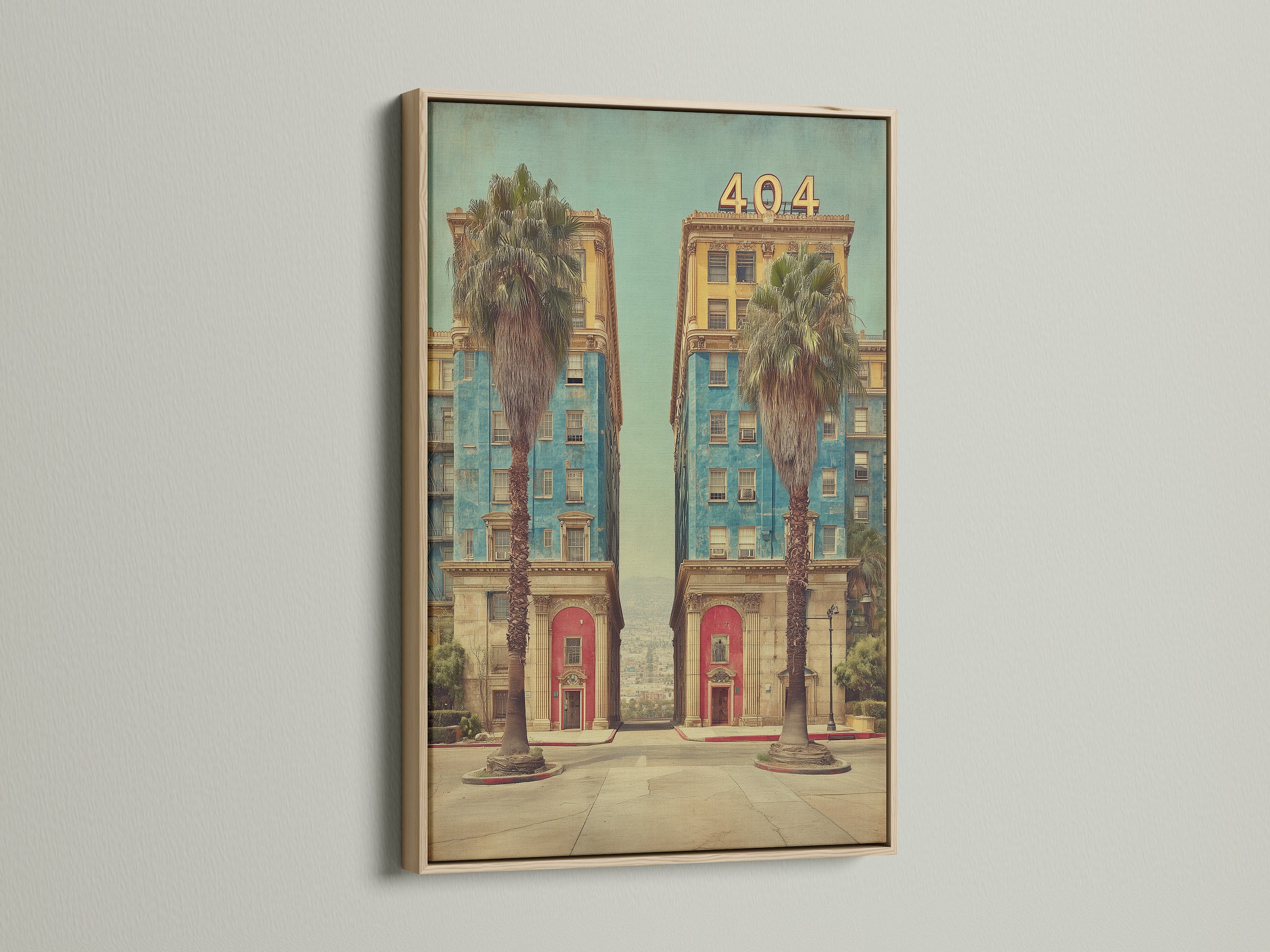 Retro California Building Poster in Oak Frame. The oak frame enhances the vintage building artwork. This art deco print brings a touch of retro charm to any space. Ideal for living rooms and offices.