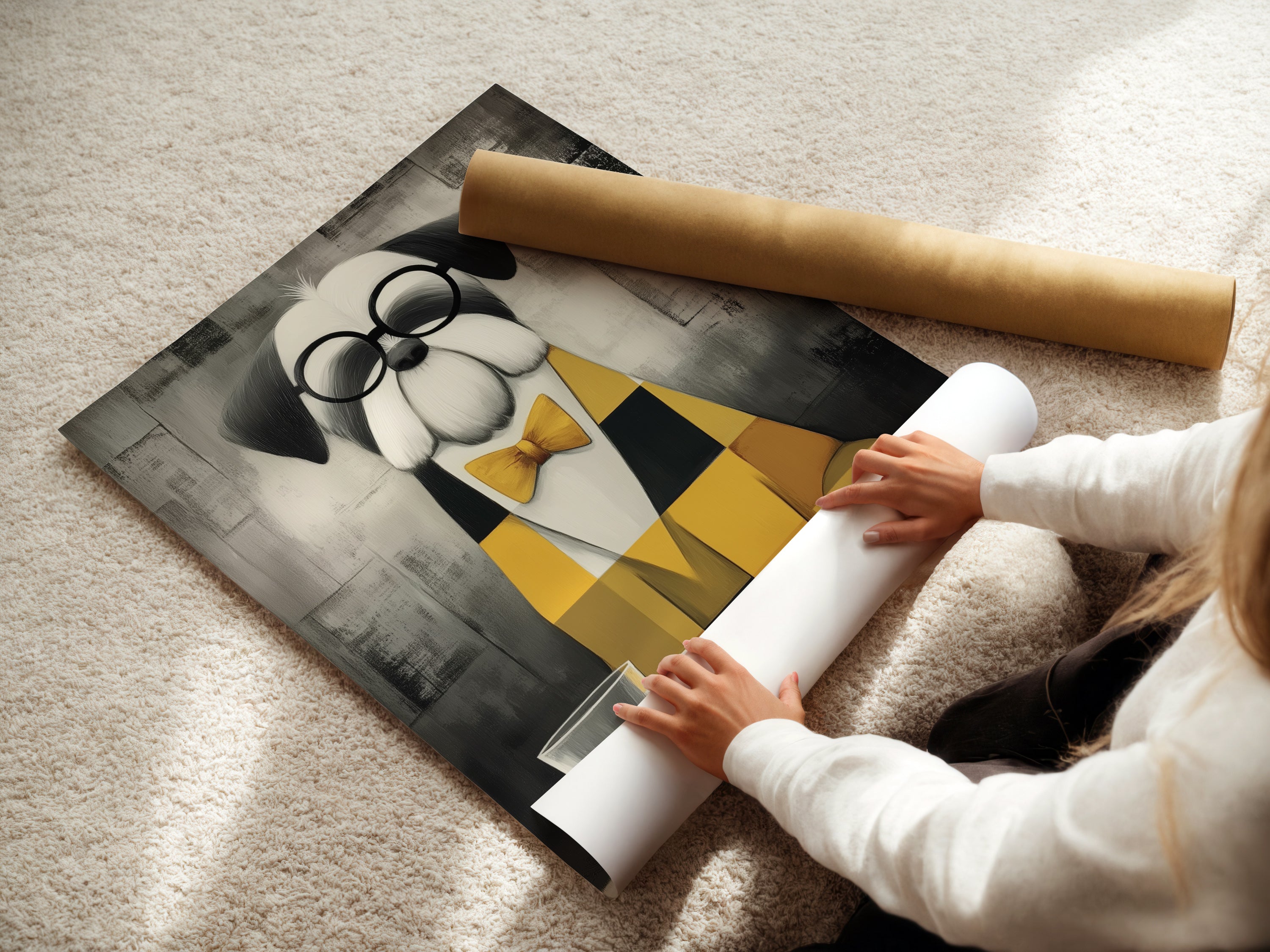 A woman rolling a fine art poster paper of the Dog with Bowtie art print. This ochre and gray animal artwork is perfect for modern interiors. The fine art poster paper ensures a high-quality print. Ideal for home office or living room decor.