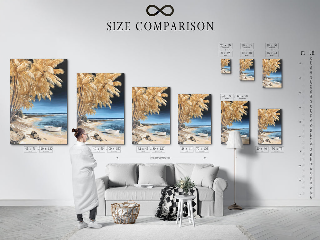 A size comparison chart is displayed in a home interior. This chart helps visualize the scale of the beach art decor. It ensures the perfect fit for your coastal wall art.