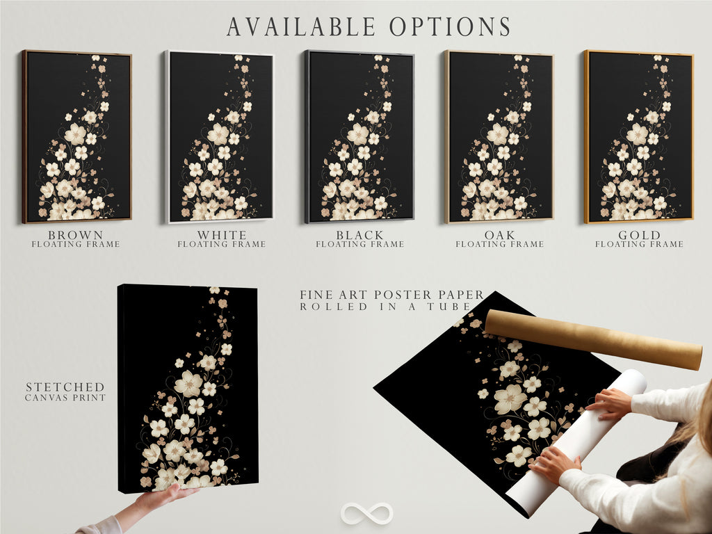 Available options are displayed. They include a stretched canvas print. Also a fine art poster paper and a floating frame are shown. Customize your beige flower wall art to match your personal style and decor preferences.