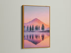 Pastel mountain artwork in a gold frame. The nature print captures a serene lake canvas. It enhances bedroom art with modern decor. The gold frame adds a touch of luxury. This nature photography is very calming.