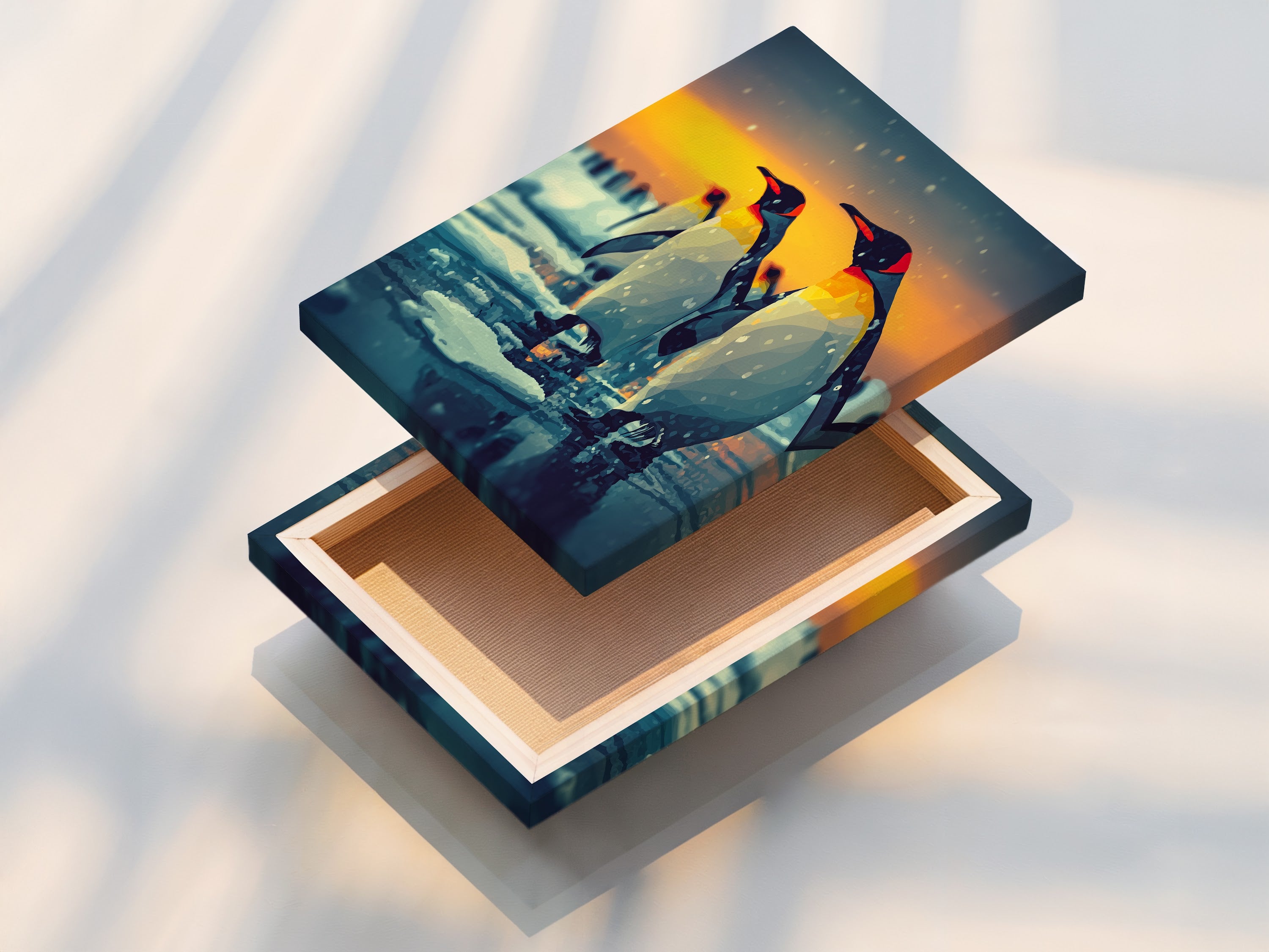 A stretched canvas print of penguin wall art. The stretched canvas provides a gallery-worthy look. This arctic animal art is ready to hang and enjoy. The colors are vivid and captivating.