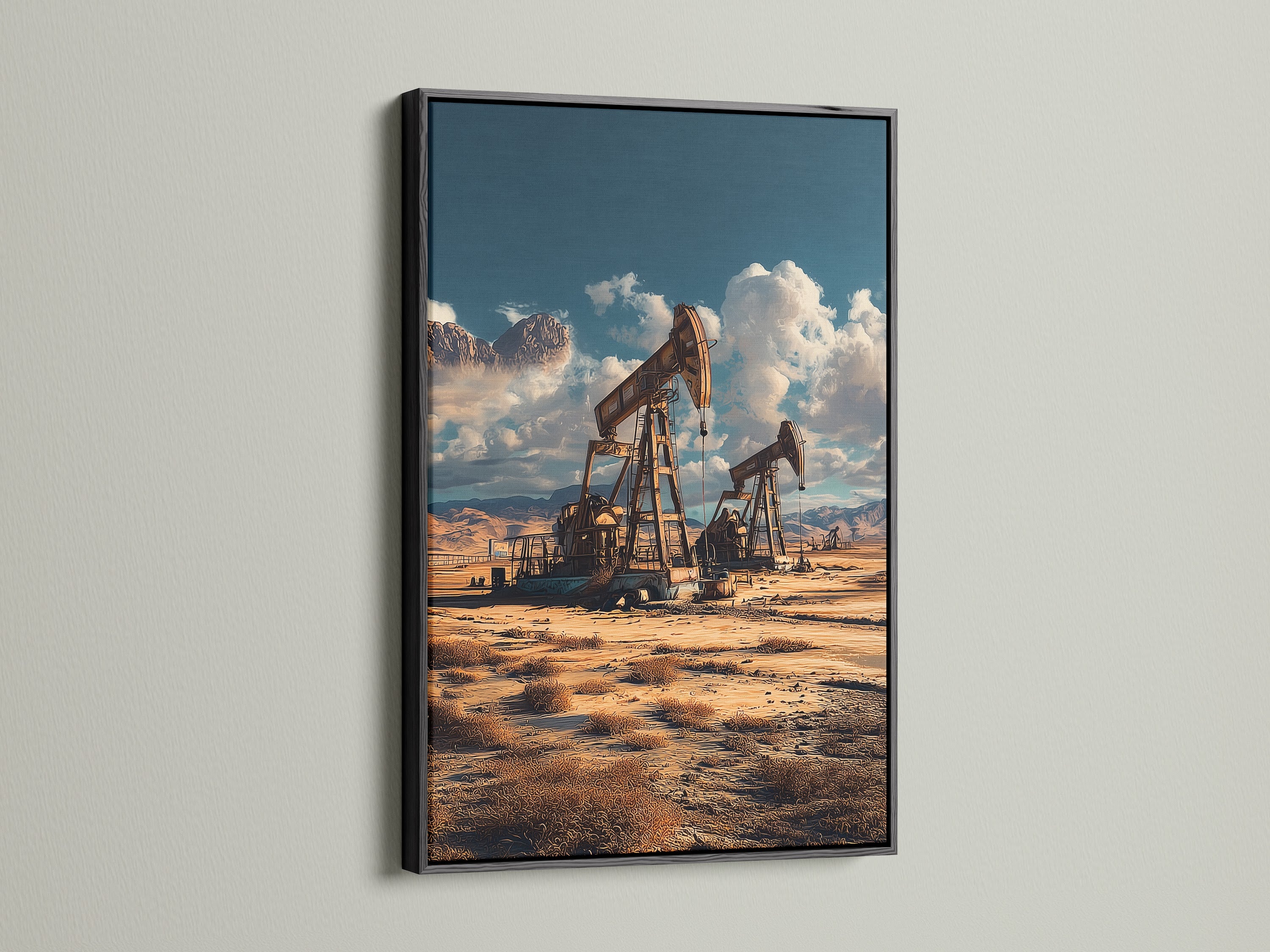 Oil Derrick Art showcased in a black frame. This industrial canvas print features a desert landscape. A bold choice for modern spaces or a classic touch to rustic decor. Perfect for office wall art or home.