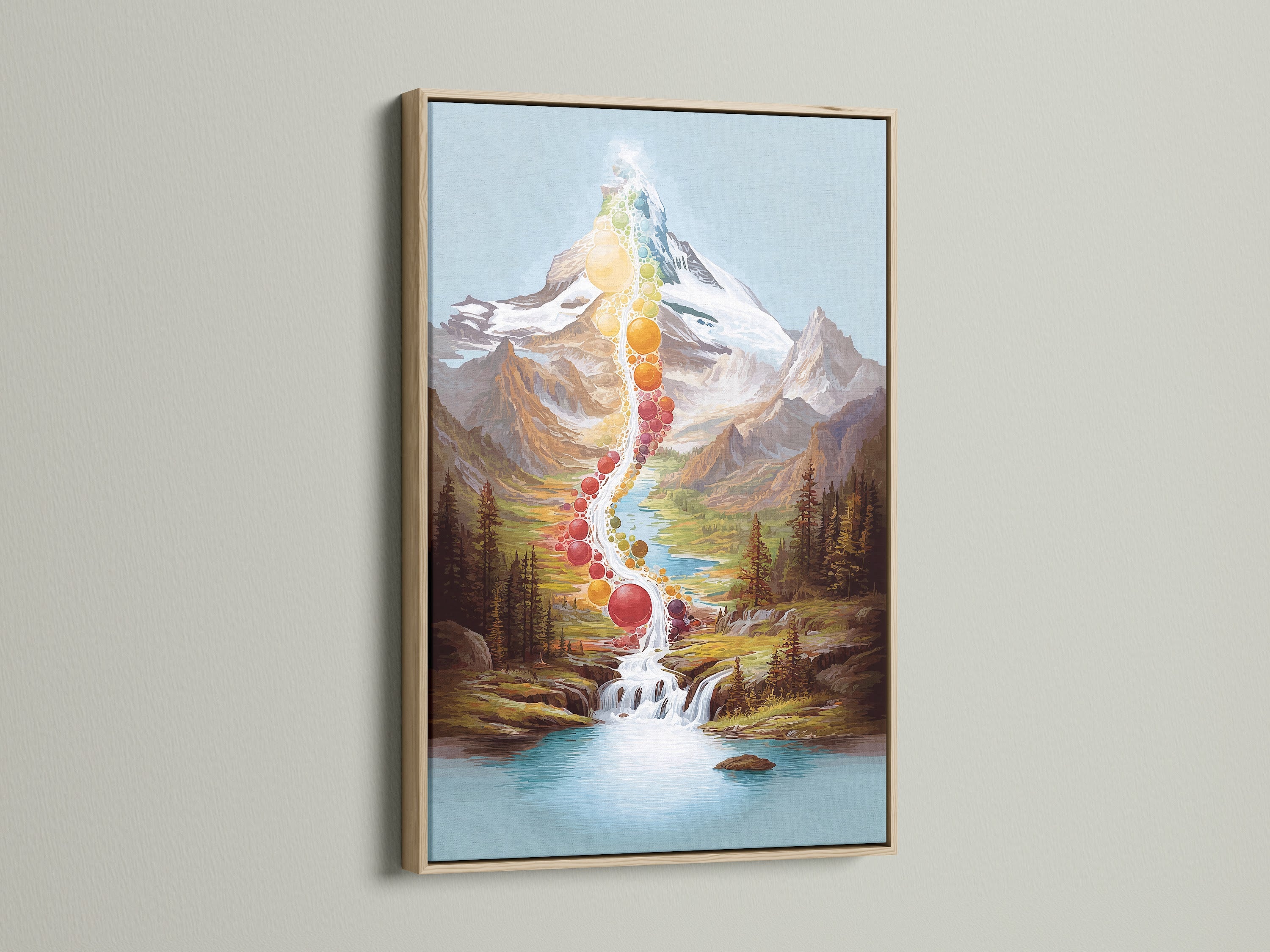 A serene mountain landscape art print in an oak frame. This chakra-themed artwork brings a sense of peace and balance to any room. Ideal for zen wall decor or as a mindfulness piece in a wellness center. The oak frame enhances the natural beauty.