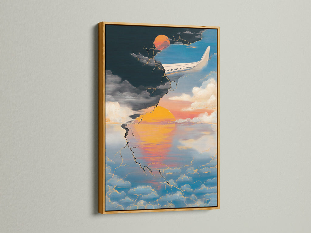Orange and blue art featuring a gold frame. The aviation travel poster is abstract. The sunset canvas print is modern. This aviation decor is a travel lover's dream.
