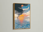 Orange and blue art featuring a gold frame. The aviation travel poster is abstract. The sunset canvas print is modern. This aviation decor is a travel lover's dream.