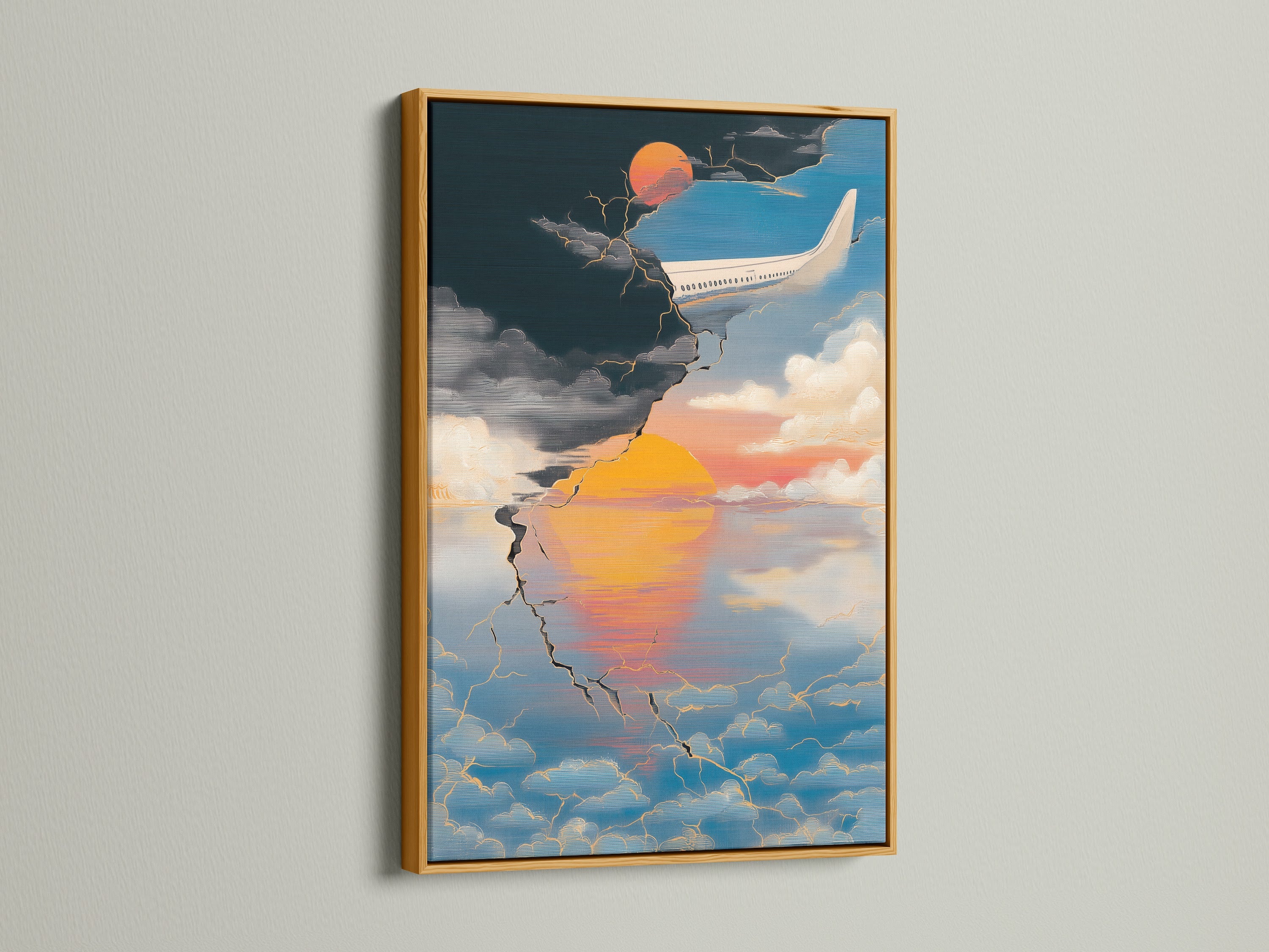Orange and blue art featuring a gold frame. The aviation travel poster is abstract. The sunset canvas print is modern. This aviation decor is a travel lover's dream.