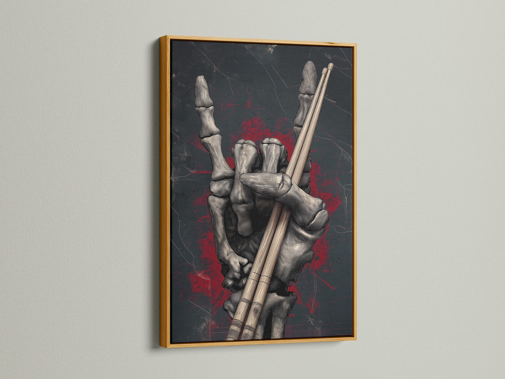Skeleton Hand Drumsticks artwork with a gold frame. This dark art print is a unique musician gift. This gothic wall art offers a striking contrast. Ideal for homeowners with Gothic or Dark Academia aesthetics. The print is perfect for adding a touch of rock culture to any space.