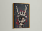 Skeleton Hand Drumsticks artwork with a gold frame. This dark art print is a unique musician gift. This gothic wall art offers a striking contrast. Ideal for homeowners with Gothic or Dark Academia aesthetics. The print is perfect for adding a touch of rock culture to any space.