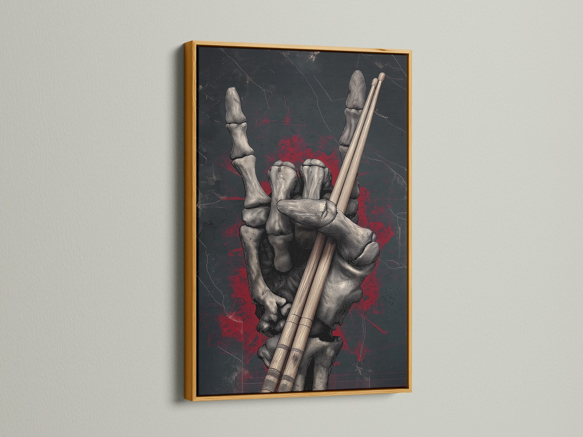 Skeleton Hand Drumsticks artwork with a gold frame. This dark art print is a unique musician gift. This gothic wall art offers a striking contrast. Ideal for homeowners with Gothic or Dark Academia aesthetics. The print is perfect for adding a touch of rock culture to any space.