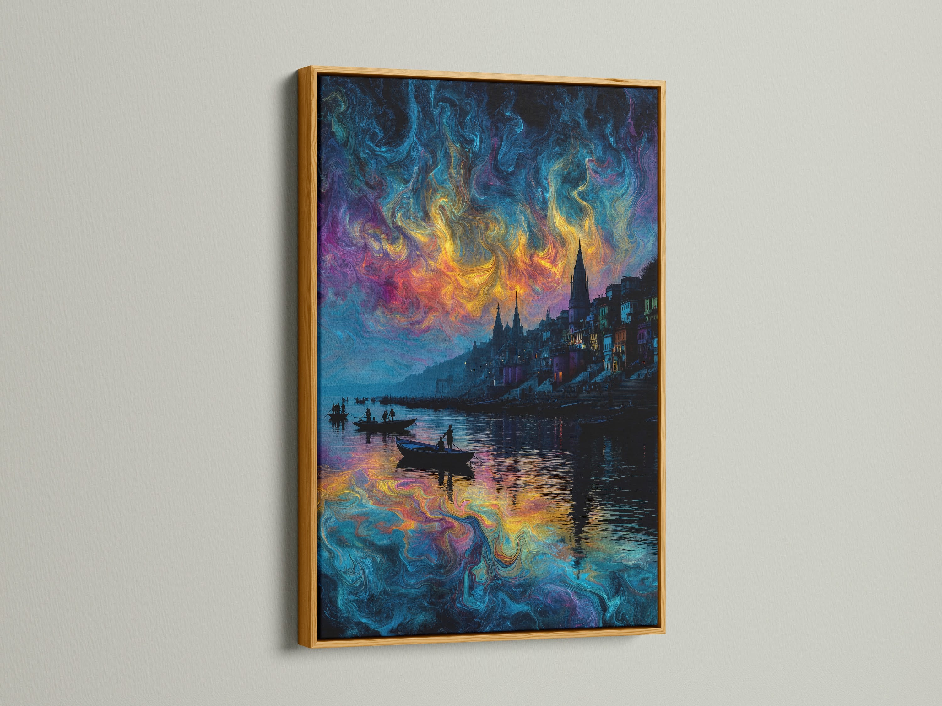 Abstract waterscape artwork with a gold frame. This abstract seascape is great for any room. The surreal cityscape features a vibrant swirling sky. This colorful wall art is perfect for home decor.