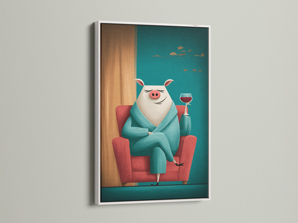 This white frame showcases a whimsical animal artwork. A teal pig art print creates a relaxing atmosphere. The pig is holding wine. This funny animal print is perfect for kitchen wall decor. The white frame offers a clean modern look. Add this pig canvas art to your home.
