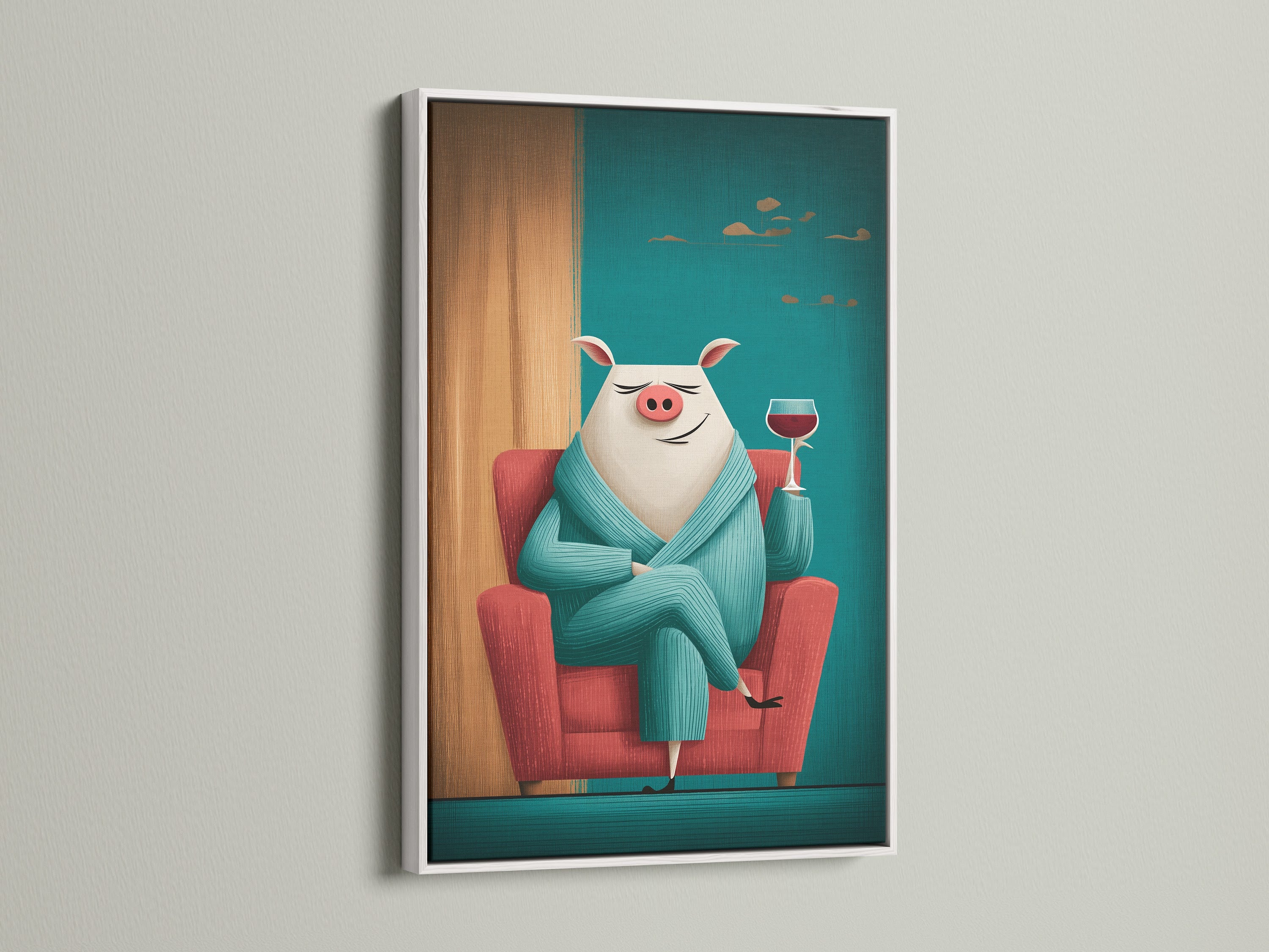 This white frame showcases a whimsical animal artwork. A teal pig art print creates a relaxing atmosphere. The pig is holding wine. This funny animal print is perfect for kitchen wall decor. The white frame offers a clean modern look. Add this pig canvas art to your home.