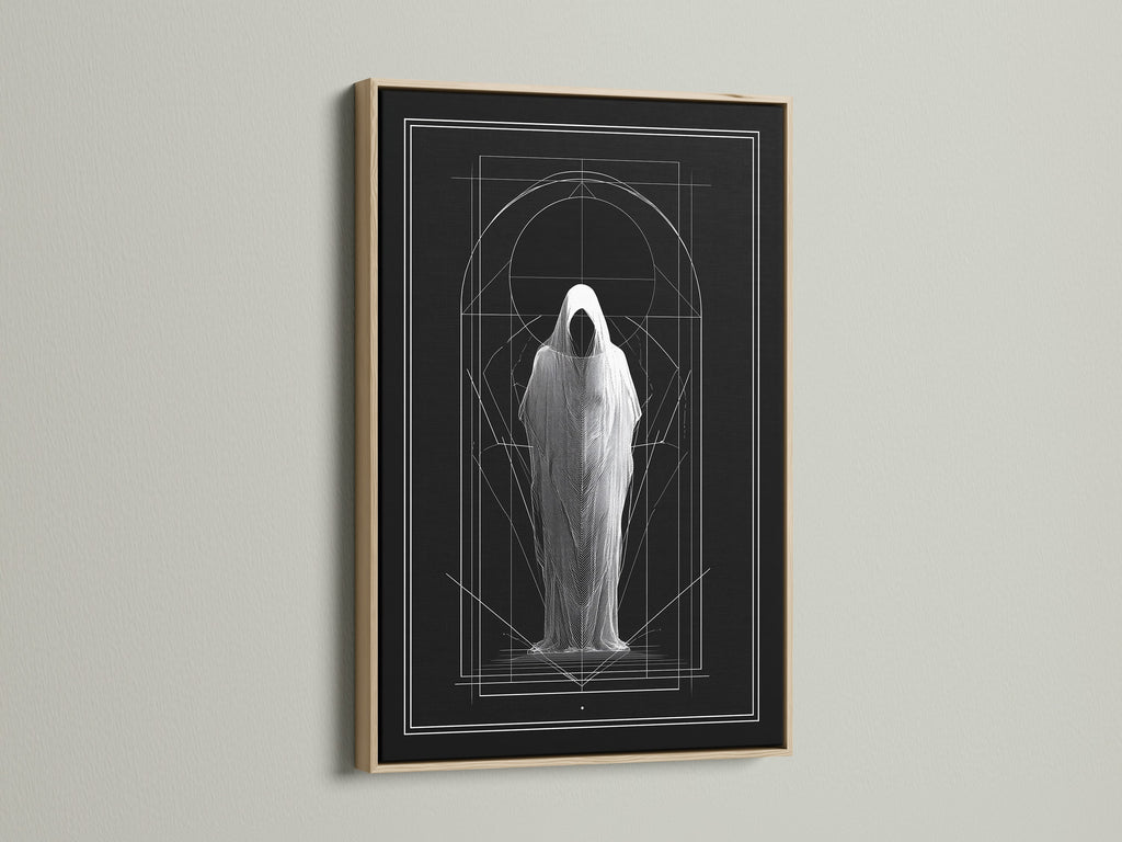 Artwork displayed in an oak frame. The art features a figure in a shroud. Geometric lines accent the piece. The oak frame adds warmth. Explore frame options. Stretched canvas and fine art paper available. Elevate your space with framed artwork.