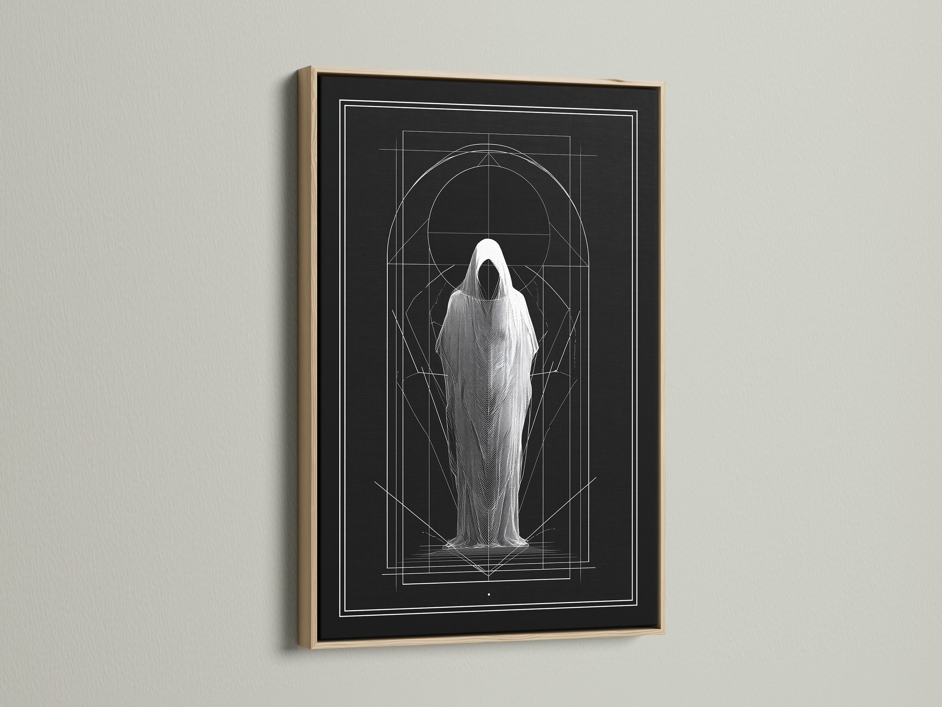 Artwork displayed in an oak frame. The art features a figure in a shroud. Geometric lines accent the piece. The oak frame adds warmth. Explore frame options. Stretched canvas and fine art paper available. Elevate your space with framed artwork.