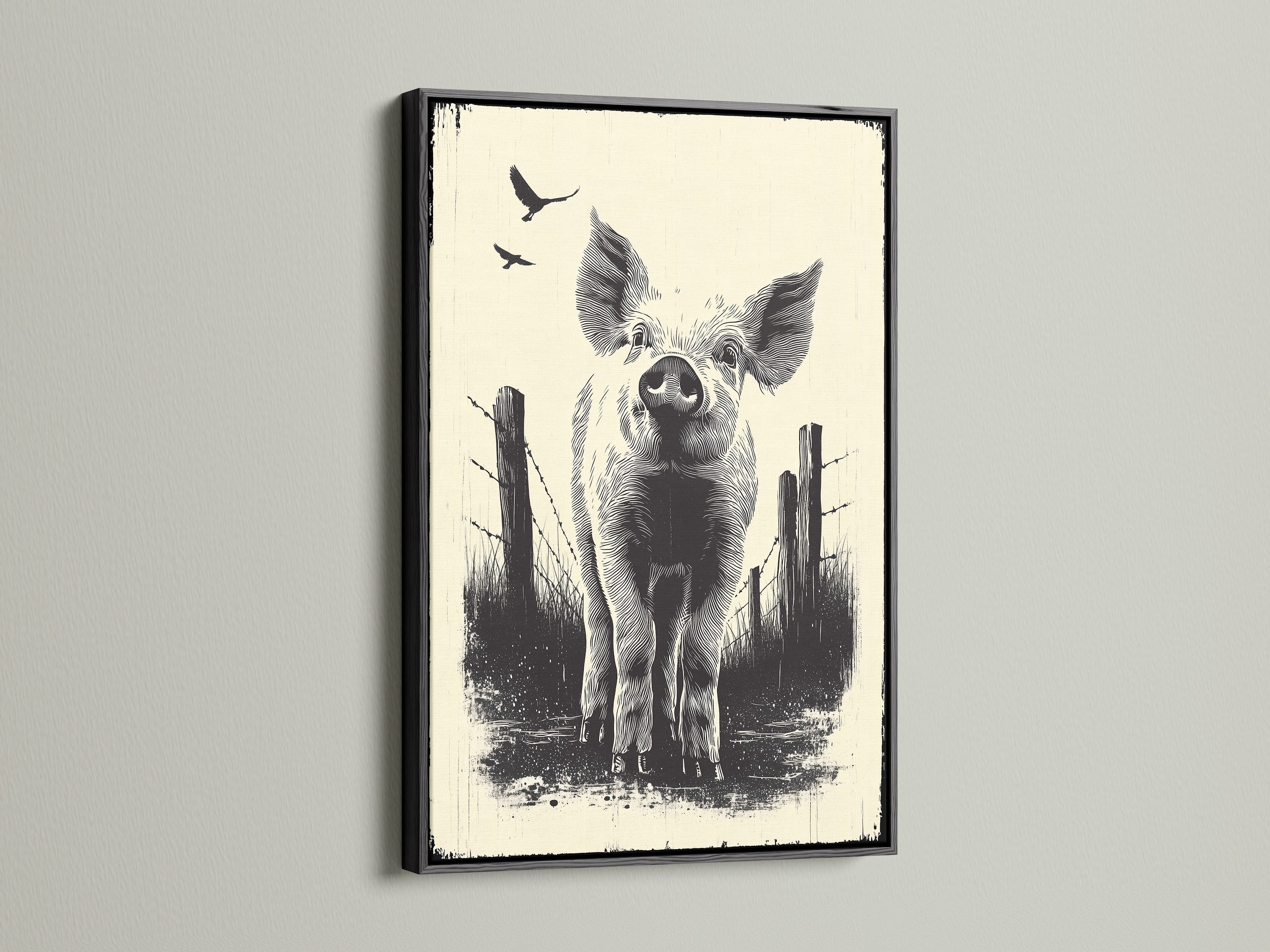 Black frame highlighting rustic country artwork. Perfect for kitchen decor and farmhouse animal wall art. This pig canvas print is a great gift for farm animal lovers. It enhances rustic country artwork.