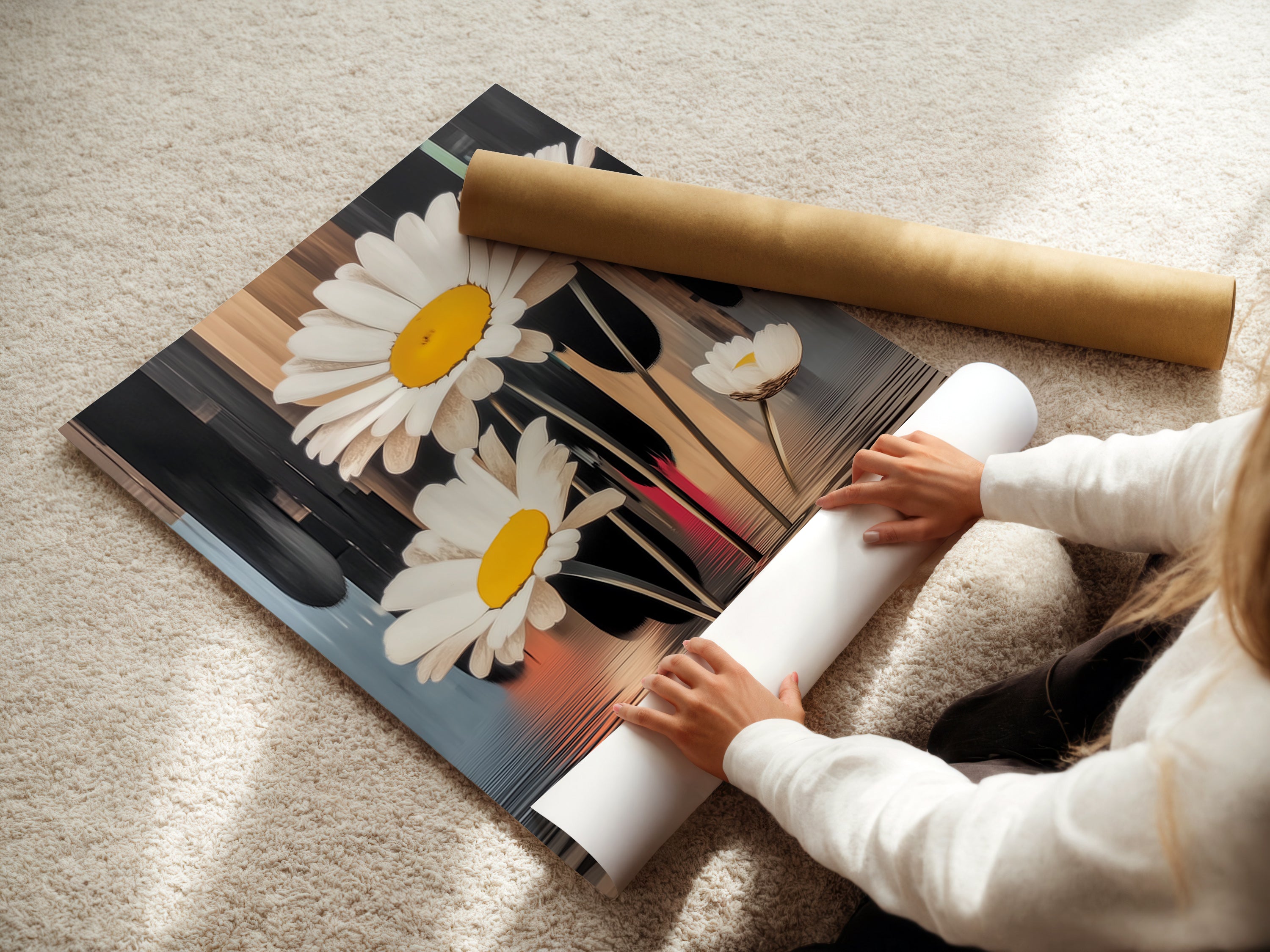 A woman is carefully rolling a fine art poster paper of a daisy artwork. The fine art poster paper ensures high-quality prints. This botanical print is perfect for adding a natural touch to your decor. It's ideal for modern and minimalist styles.