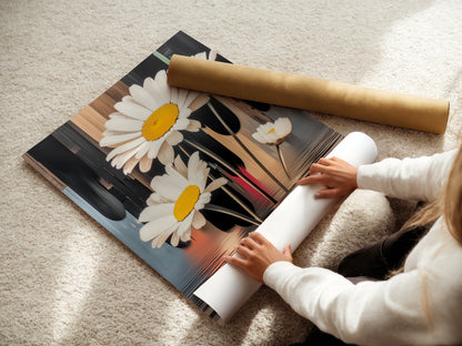 A woman is carefully rolling a fine art poster paper of a daisy artwork. The fine art poster paper ensures high-quality prints. This botanical print is perfect for adding a natural touch to your decor. It's ideal for modern and minimalist styles.