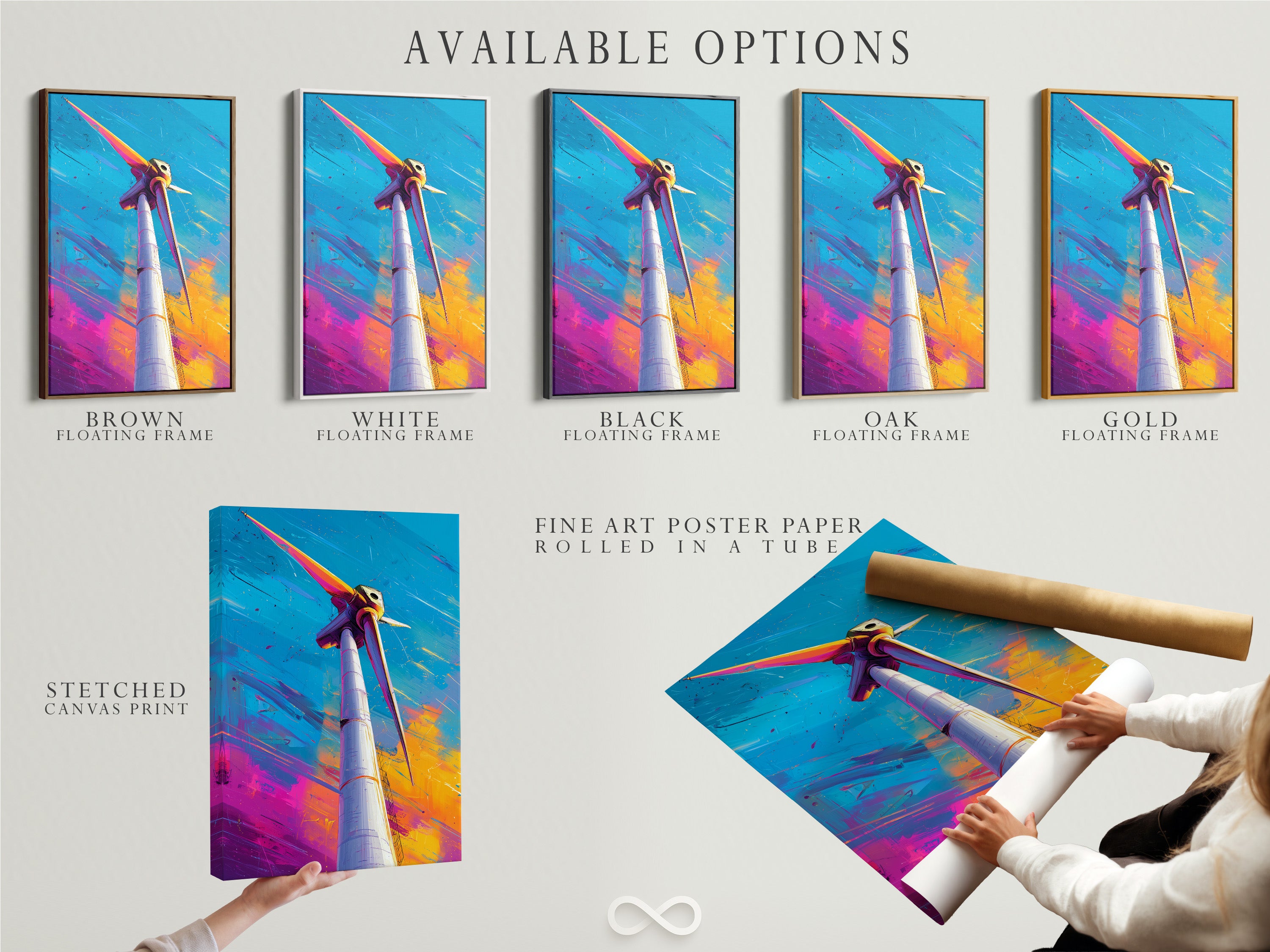 Explore available options for your artwork. Choose from stretched canvas prints. Fine art poster paper and floating frames are also available. Customize your art to match your unique style. Bring your vision to life.