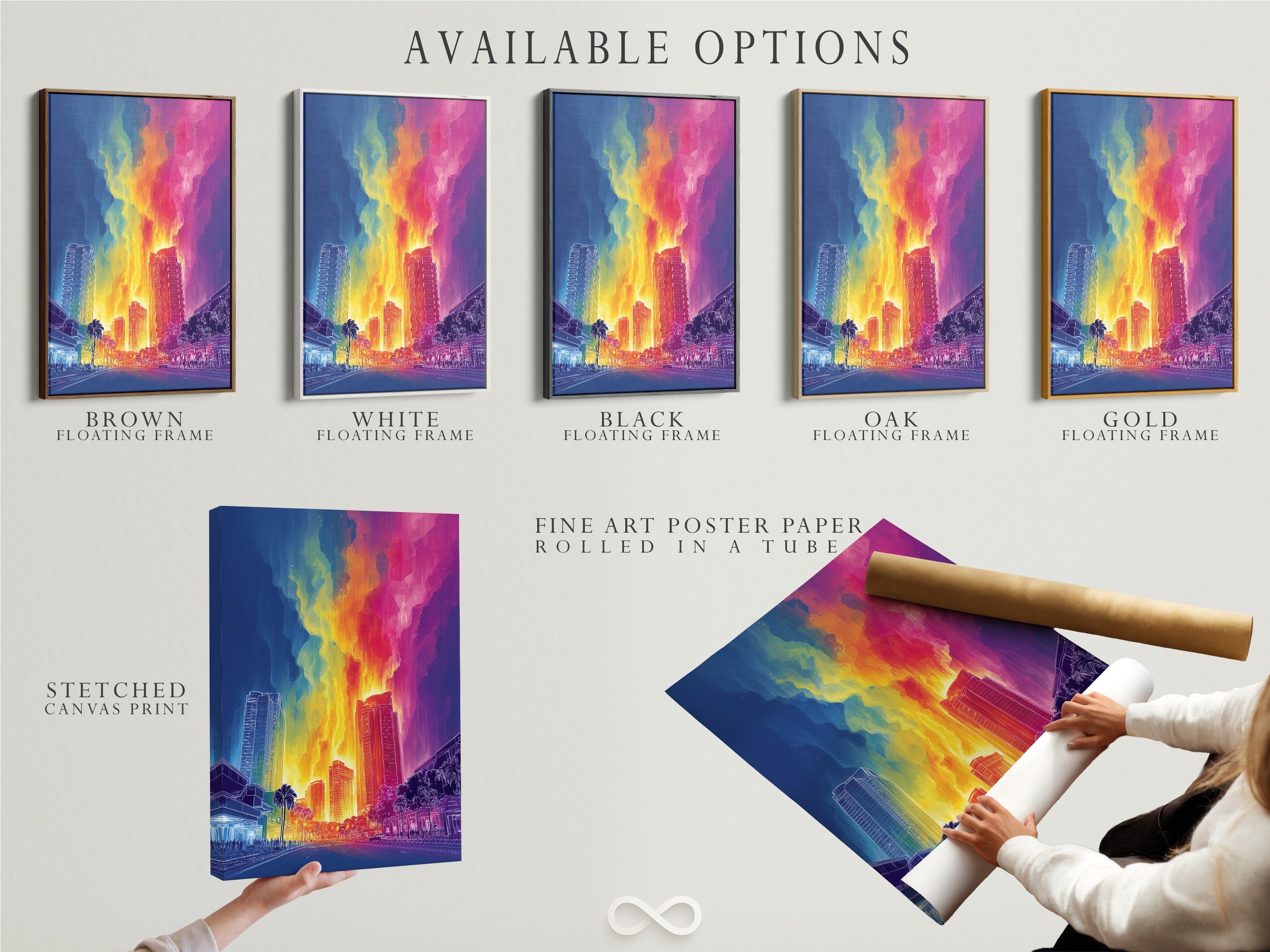 Available options for the neon cityscape artwork are displayed. Options include a stretched canvas print fine art poster paper and a floating frame. Customize your artwork to fit your personal style. Choose the perfect format for your home or office. Elevate your decor today.