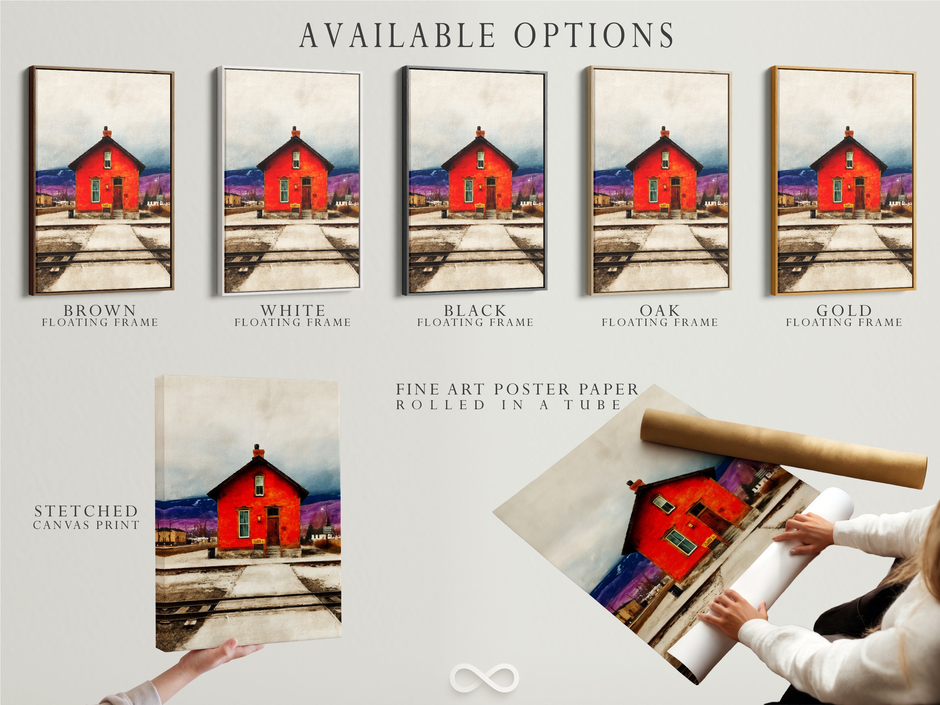 Available options for the vintage Americana wall artwork are showcased. Options include a stretched canvas print. Also available is fine art poster paper. And a floating frame option. Choose the perfect format to match your style. Display the red train station art in your preferred medium. Enhance your space with rustic farmhouse charm today.