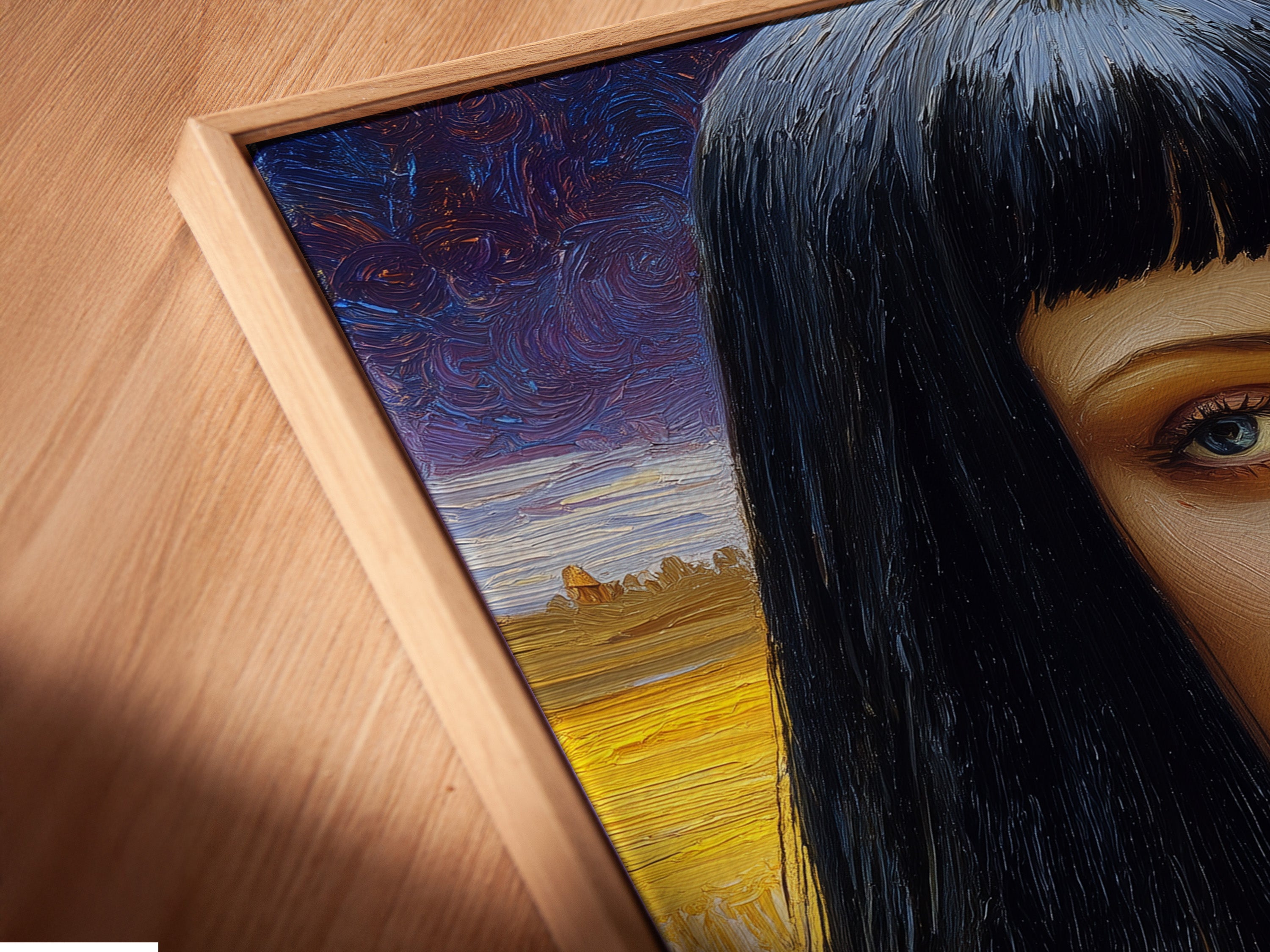 Angled close up of a canvas print in a floating frame. See the detail in this gothic portrait art. The dark moody art makes this contemporary woman painting pop. A unique modern portrait art piece.