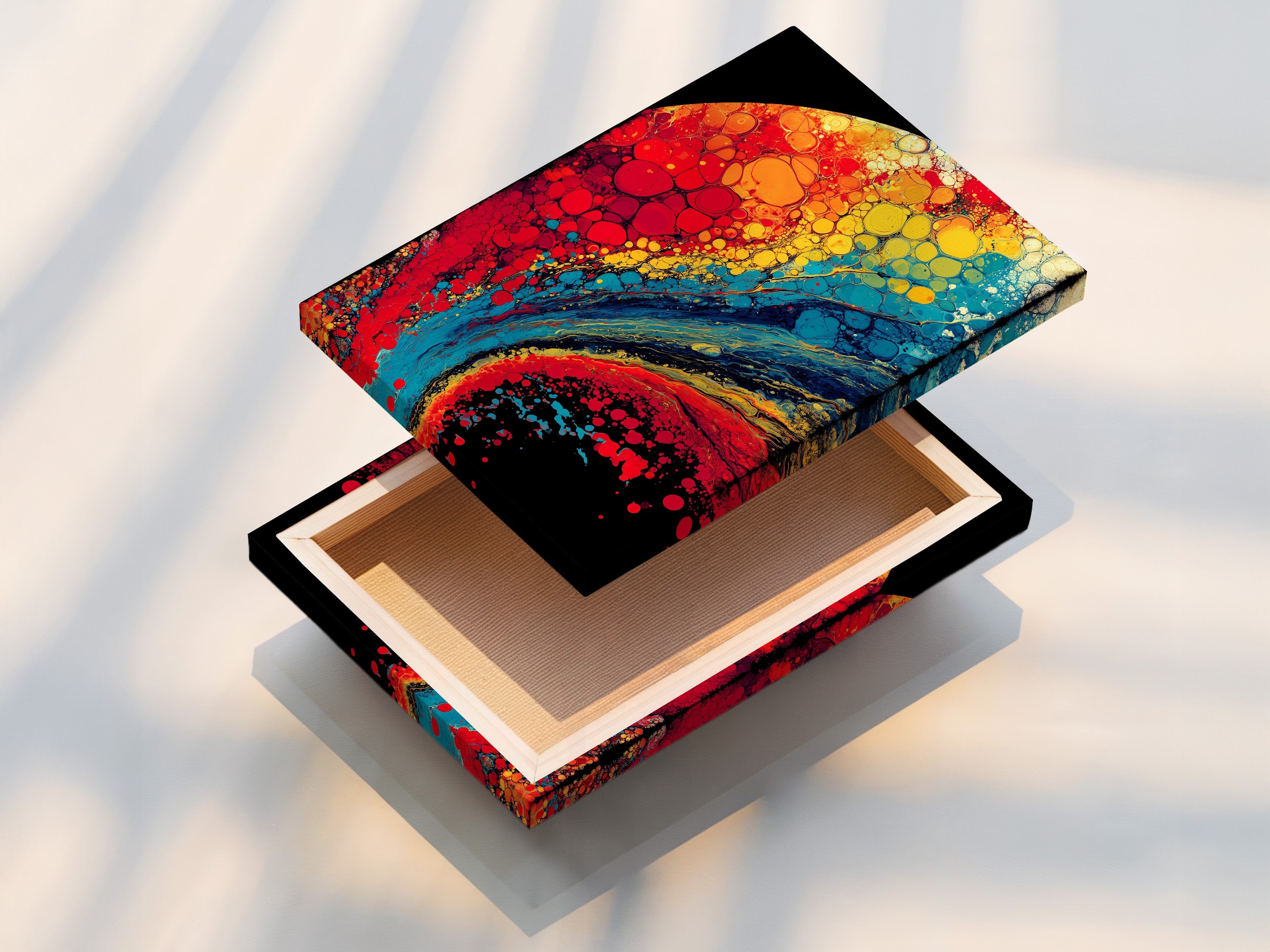 The image showcases a stretched canvas print. The canvas is tightly wrapped around a wooden frame. This method provides a gallery-worthy look. See how the stretched canvas enhances the texture and depth of the art.