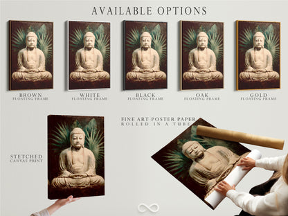 Explore available options for vintage Buddha artwork. Choose from stretched canvas prints fine art poster paper and floating frames. Enhance your spiritual zen decor. Perfect for meditation spaces and yoga studios. Find your perfect piece.