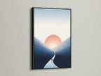 The Sunset Silhouette artwork is elegantly framed in black. This minimalist mountain wall art makes a bold statement. The coastal sunrise artwork adds depth and sophistication. It's suitable for modern eclectic or business settings. Elevate your studio clinic or boardroom with this striking silhouette artwork. It provides a stylish touch.