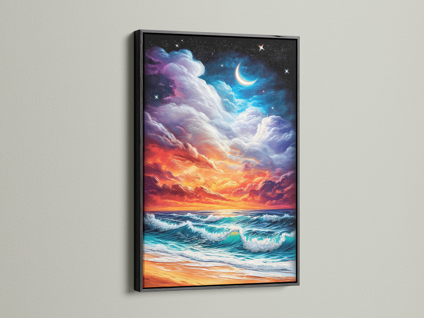 A striking ocean sunset art print in a black frame. The coastal canvas features dramatic clouds and vibrant colors. This beach wall art makes a bold statement. Elevate your decor with this captivating ocean artwork for your bedroom wall.