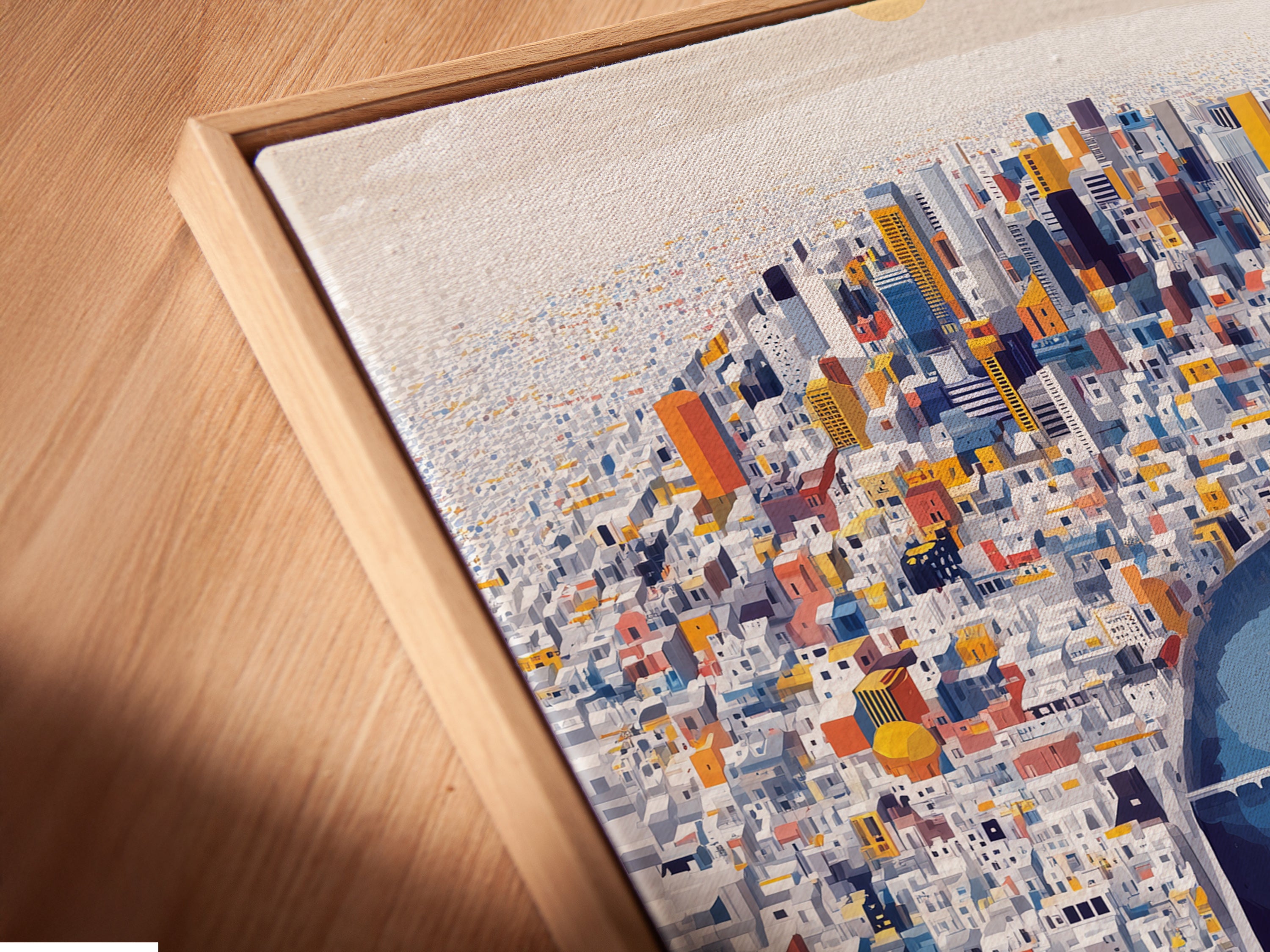 A close-up angled view of a canvas print in a floating frame. The cityscape artwork adds depth and dimension. This modern architectural artwork enhances any space. The floating frame gives the illusion of the artwork floating. Perfect for contemporary wall art lovers.