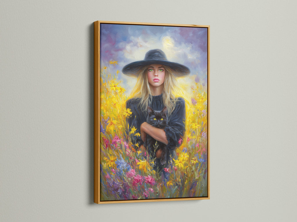Artwork is elegantly displayed in a luxurious gold frame. The painting features a woman and her cat in a field of flowers. The gold frame adds warmth and opulence to the artwork. Perfect for creating a focal point in your home.