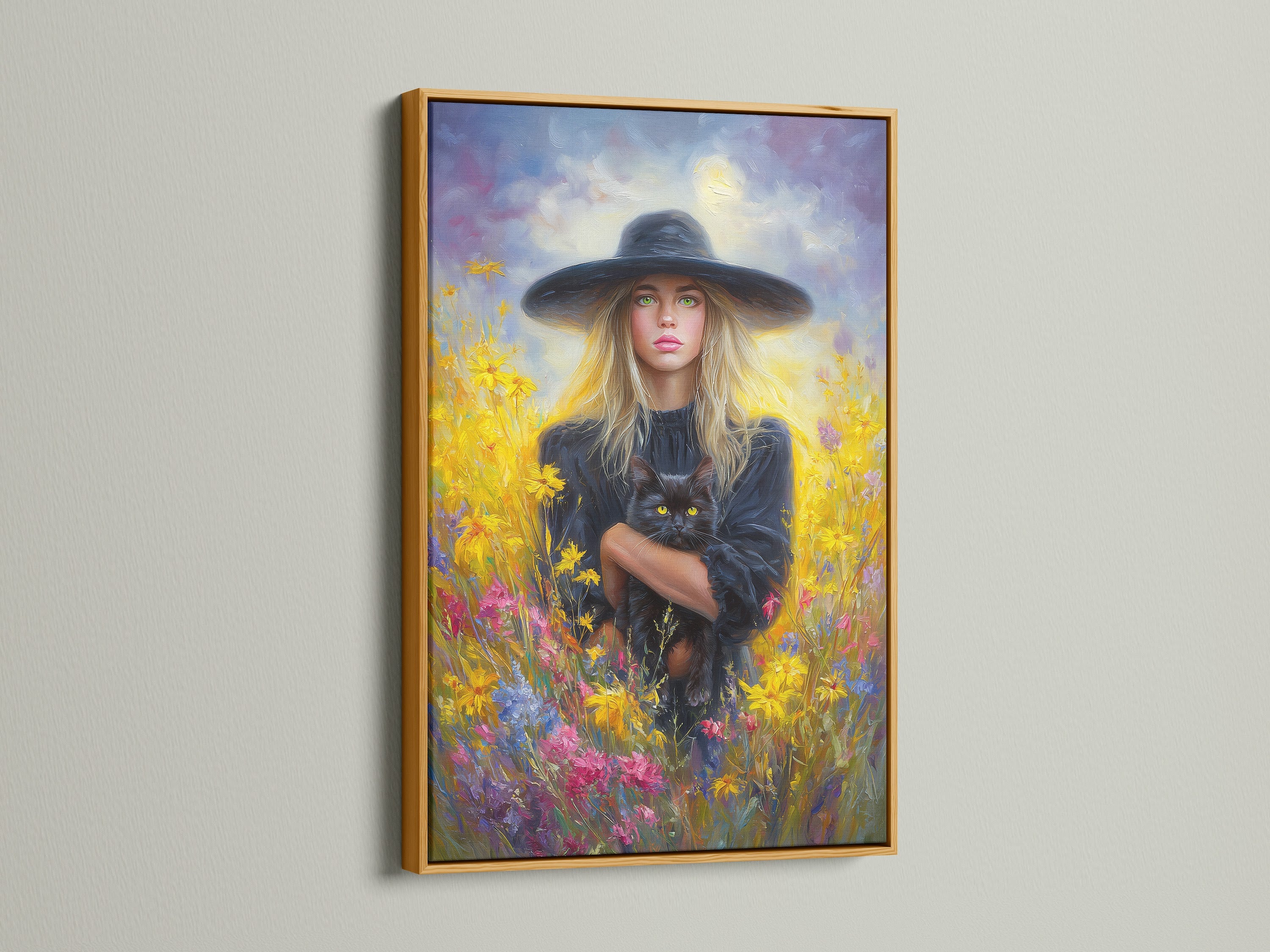 Artwork is elegantly displayed in a luxurious gold frame. The painting features a woman and her cat in a field of flowers. The gold frame adds warmth and opulence to the artwork. Perfect for creating a focal point in your home.