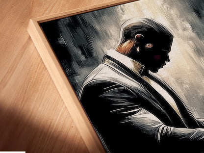 A close up of a canvas print in a floating frame. This jazz artwork adds sophistication to boardrooms. It also enhances clinics. The black and white art complements modern spaces. Perfect for those seeking contemporary wall decor.