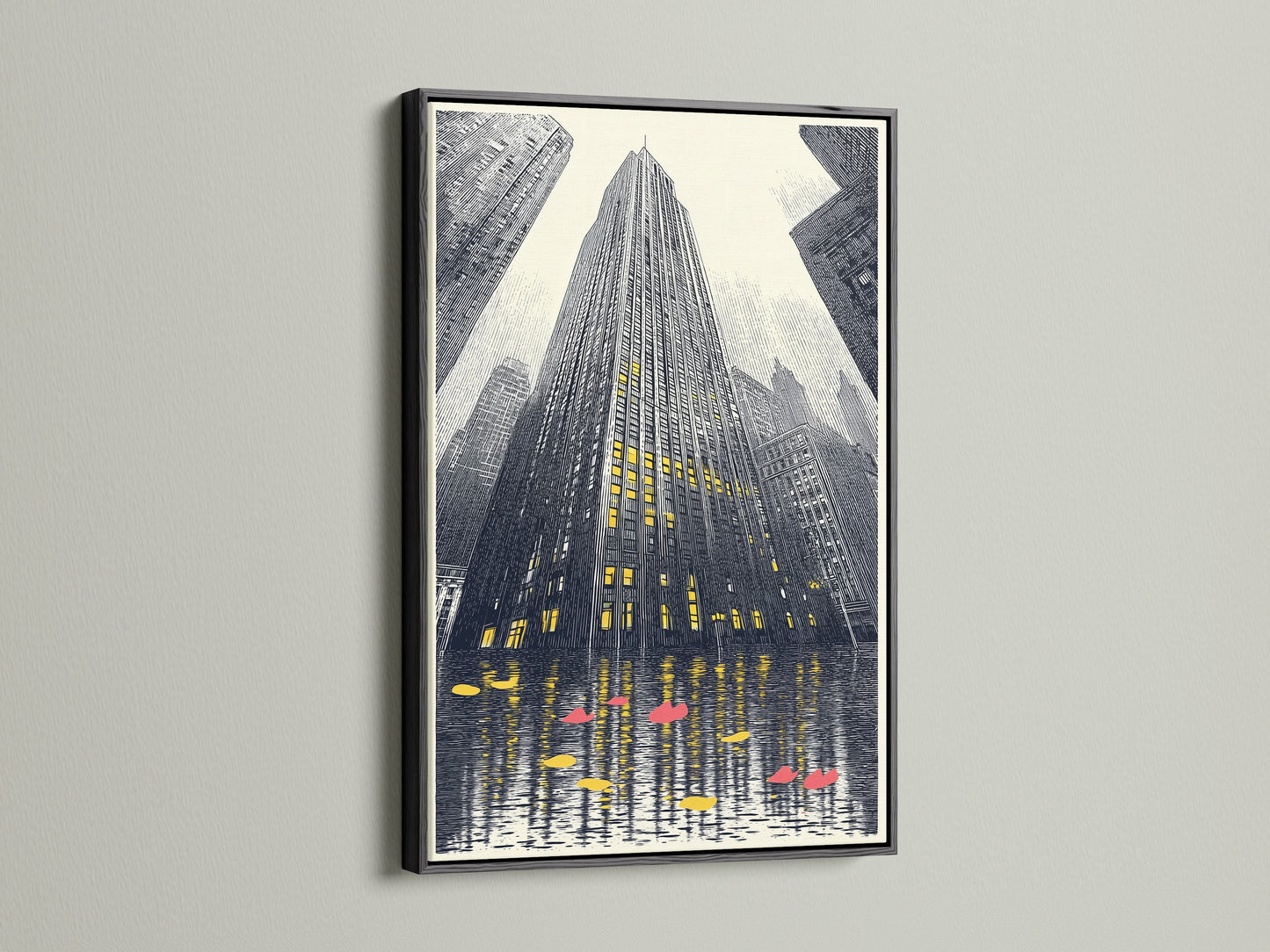 Urban skyscraper artwork is framed in a sleek black frame. The cityscape print offers a modern architectural statement. It's a great addition to any contemporary space. Ideal for homeowners and businesses looking for sophisticated wall art.