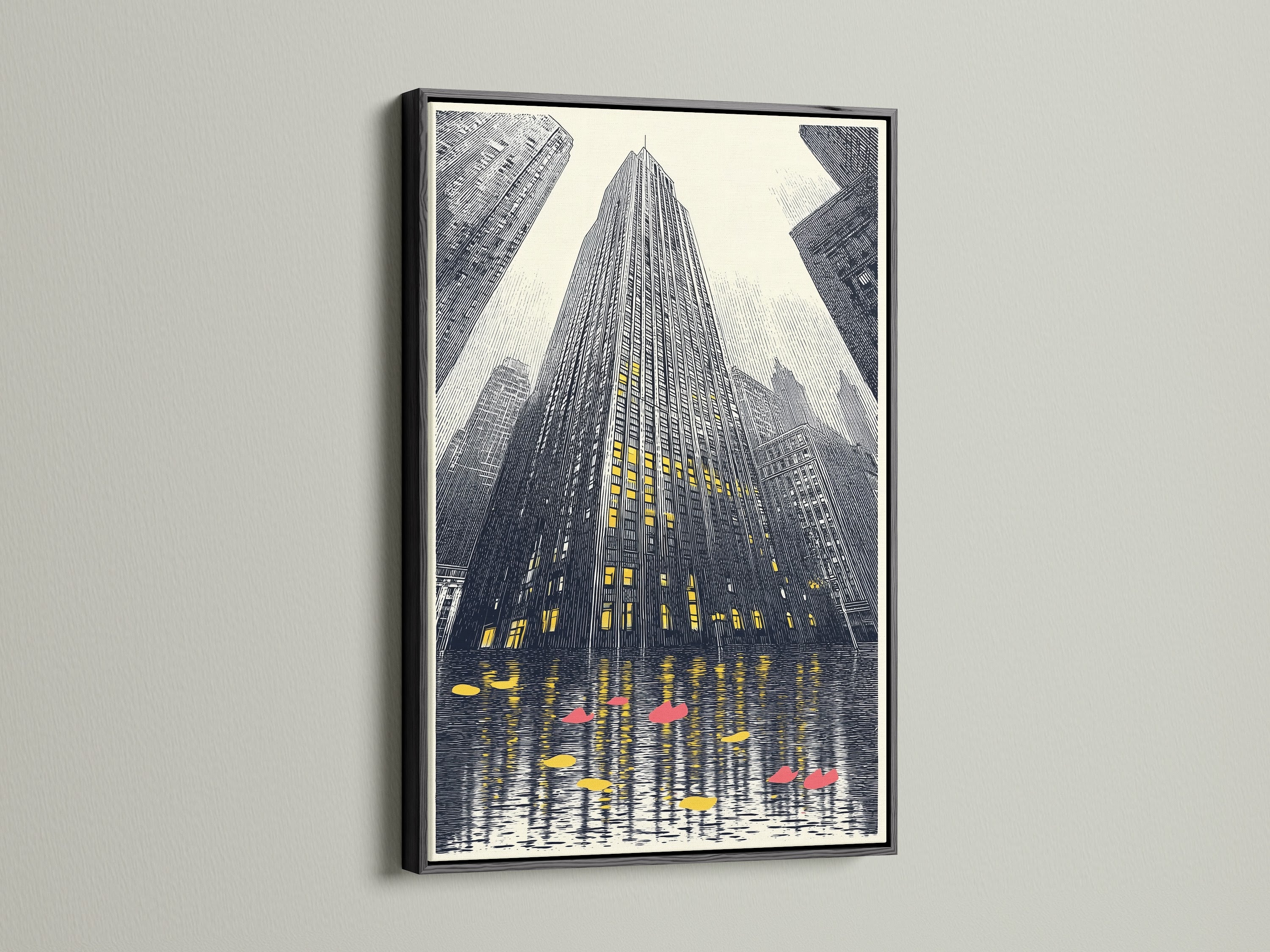 Urban skyscraper artwork is framed in a sleek black frame. The cityscape print offers a modern architectural statement. It's a great addition to any contemporary space. Ideal for homeowners and businesses looking for sophisticated wall art.