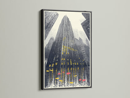 Urban skyscraper artwork is framed in a sleek black frame. The cityscape print offers a modern architectural statement. It's a great addition to any contemporary space. Ideal for homeowners and businesses looking for sophisticated wall art.