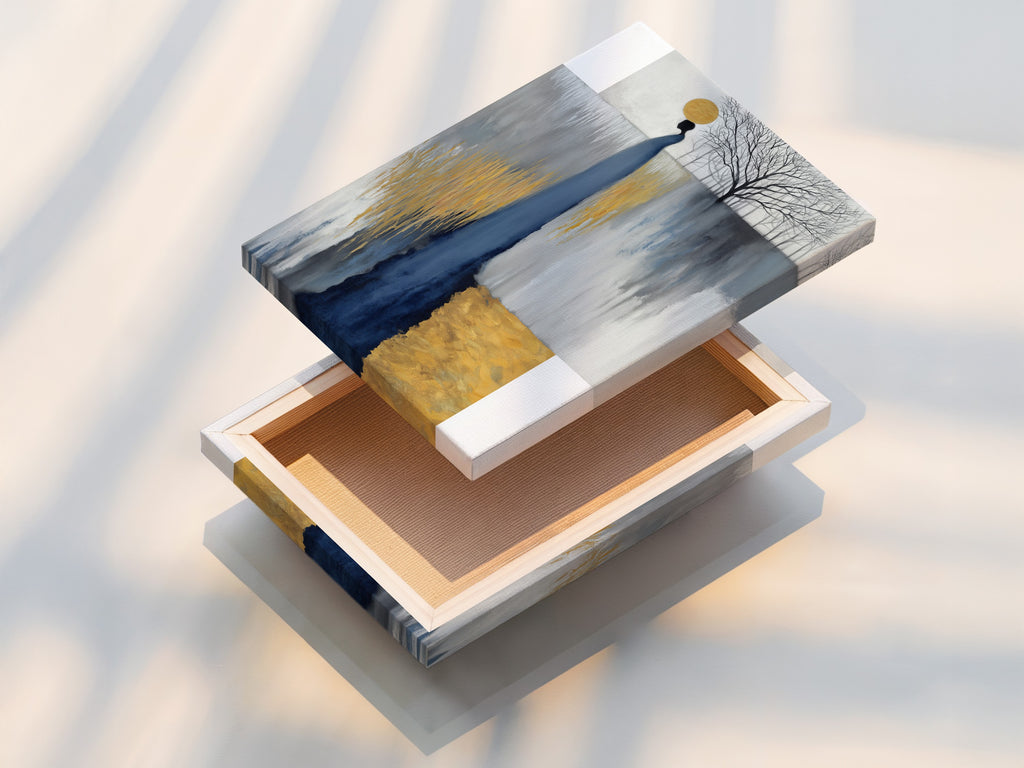 A stretched canvas print is featured. The artwork is ready to hang. The abstract figure in grey blue and gold offers a modern minimalist touch. This canvas print is perfect for adding an artistic statement to any wall whether in a home office or business.