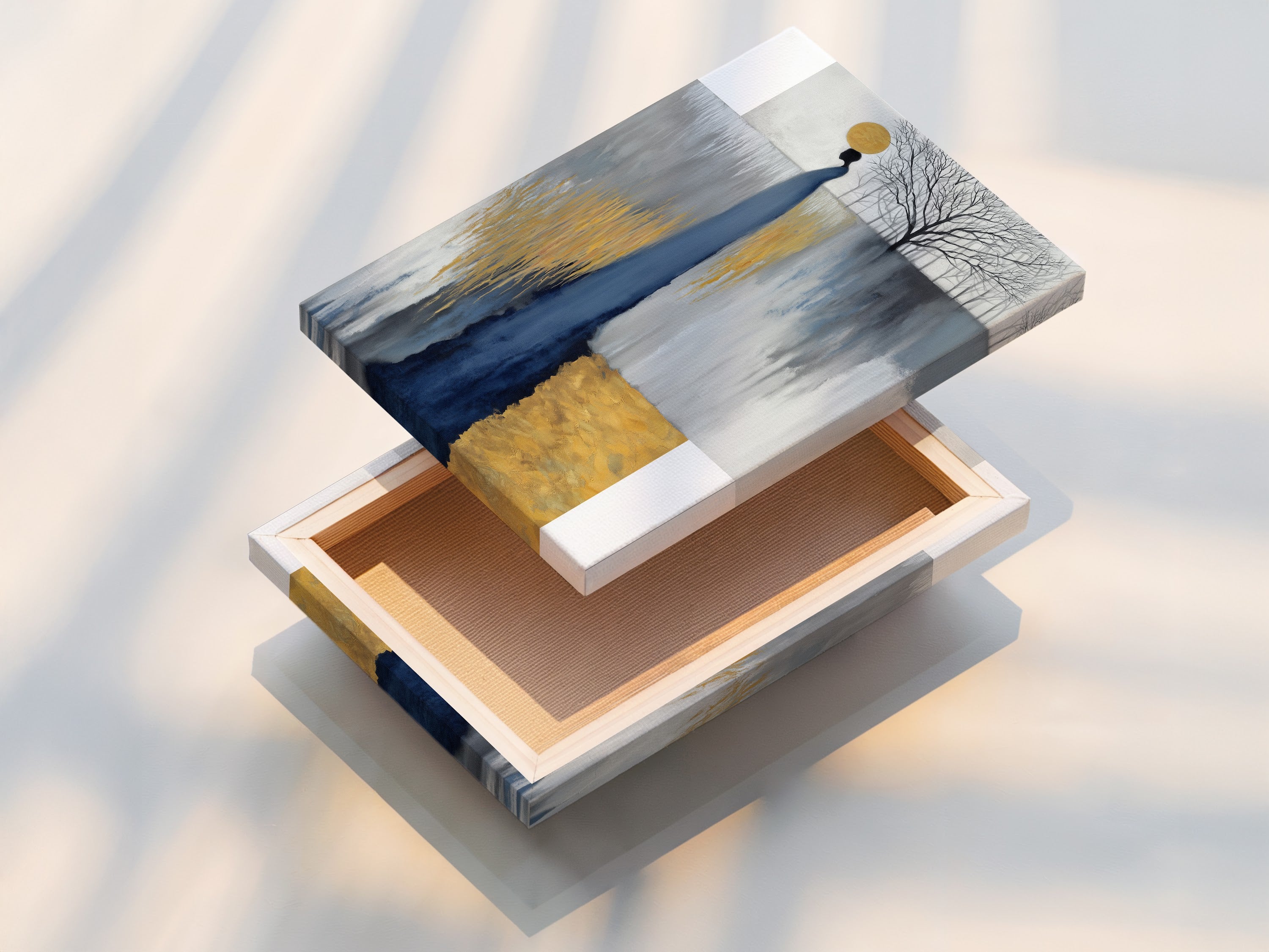 A stretched canvas print is featured. The artwork is ready to hang. The abstract figure in grey blue and gold offers a modern minimalist touch. This canvas print is perfect for adding an artistic statement to any wall whether in a home office or business.