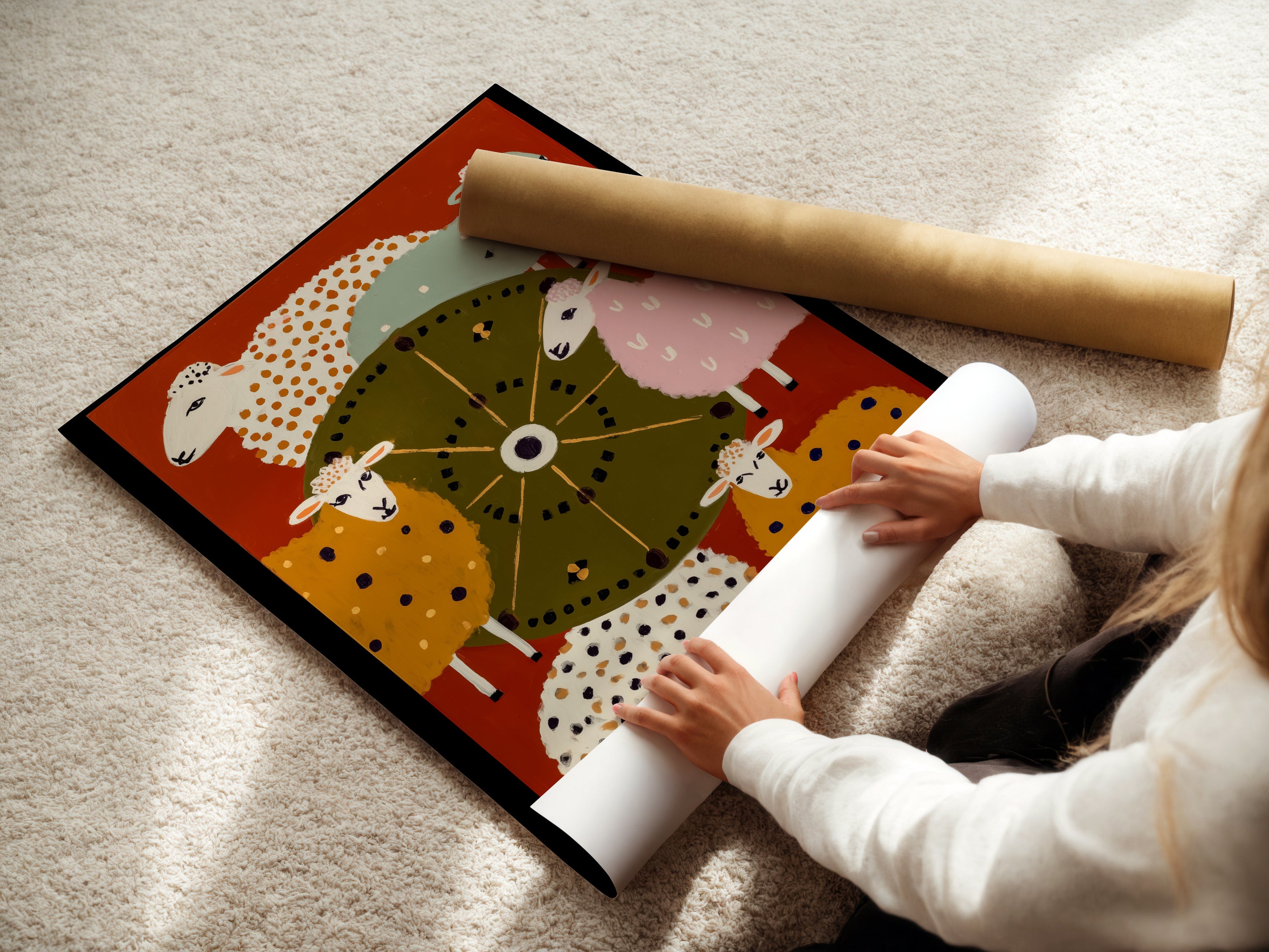 A woman carefully rolling a fine art poster paper print of colorful sheep folk art. The paper is high-quality ensuring the artwork looks its best. This print is perfect for framing or hanging as is. Ideal for adding a touch of whimsy to your nursery or a cozy feel to your kitchen wall.