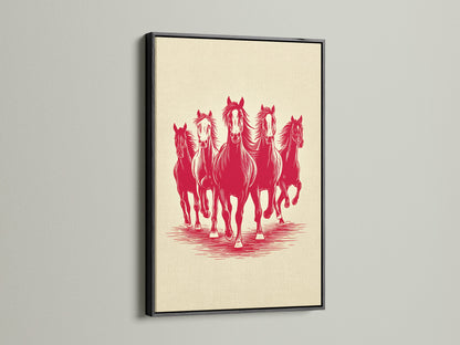 Artwork of running horses is displayed in a black frame. Black offers a modern and bold aesthetic. The art is matted. This frame provides a dramatic look. It makes the artwork pop off the wall.